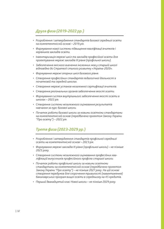 • Розроблення і затвердження стандартів базової середньої освіти
на компетентнісній основі – 2019 рік.
• Формування нової системи підвищення кваліфікації вчителів і
керівників закладів освіти.
• Інвентаризація мережі шкіл та закладів професійної освіти для
проектування мережі закладів III рівня (профільної школи).
• Забезпечення якісного вивчення іноземних мов у старшій школі
відповідно до Стратегії сталого розвитку «Україна-2020».
• Формування мережі опорних шкіл базового рівня.
• Створення професійних стандартів педагогічної діяльності в
початковій та середній школах.
• Створення мережі установ незалежної сертифікації вчителів.
• Створення регіональних органів забезпечення якості освіти.
• Формування систем внутрішнього забезпечення якості освіти в
школах – 2022 рік.
• Створення системи незалежного оцінювання результатів
навчання за курс базової школи.
• Початок роботи базової школи за новими освітніми стандартами
на компетентнісній основі (передбачено проектом Закону України
“Про освіту”) – 2022 рік.
Друга фаза (2019-2022 рр.)
• Розроблення і затвердження стандартів профільної середньої
освіти на компетентнісній основі – 2023 рік.
• Формування мережі закладів III рівня (профільної школи) – не пізніше
2025 року.
• Створення системи незалежного оцінювання професійних ква-
ліфікацій випускників професійного профілю старшої школи.
• Початок роботи профільної школи за новими освітніми
стандартами на компетентнісній основі (передбачено проектом
Закону України “Про освіту”) – не пізніше 2027 року. На цій основі
створення передумов для скорочення тривалості (навантаження)
бакалаврських програм вищої освіти в середньому на 45 кредитів.
• Перший дванадцятий клас Нової школи – не пізніше 2029 року.
Третя фаза (2023-2029 рр.)
| 32
 