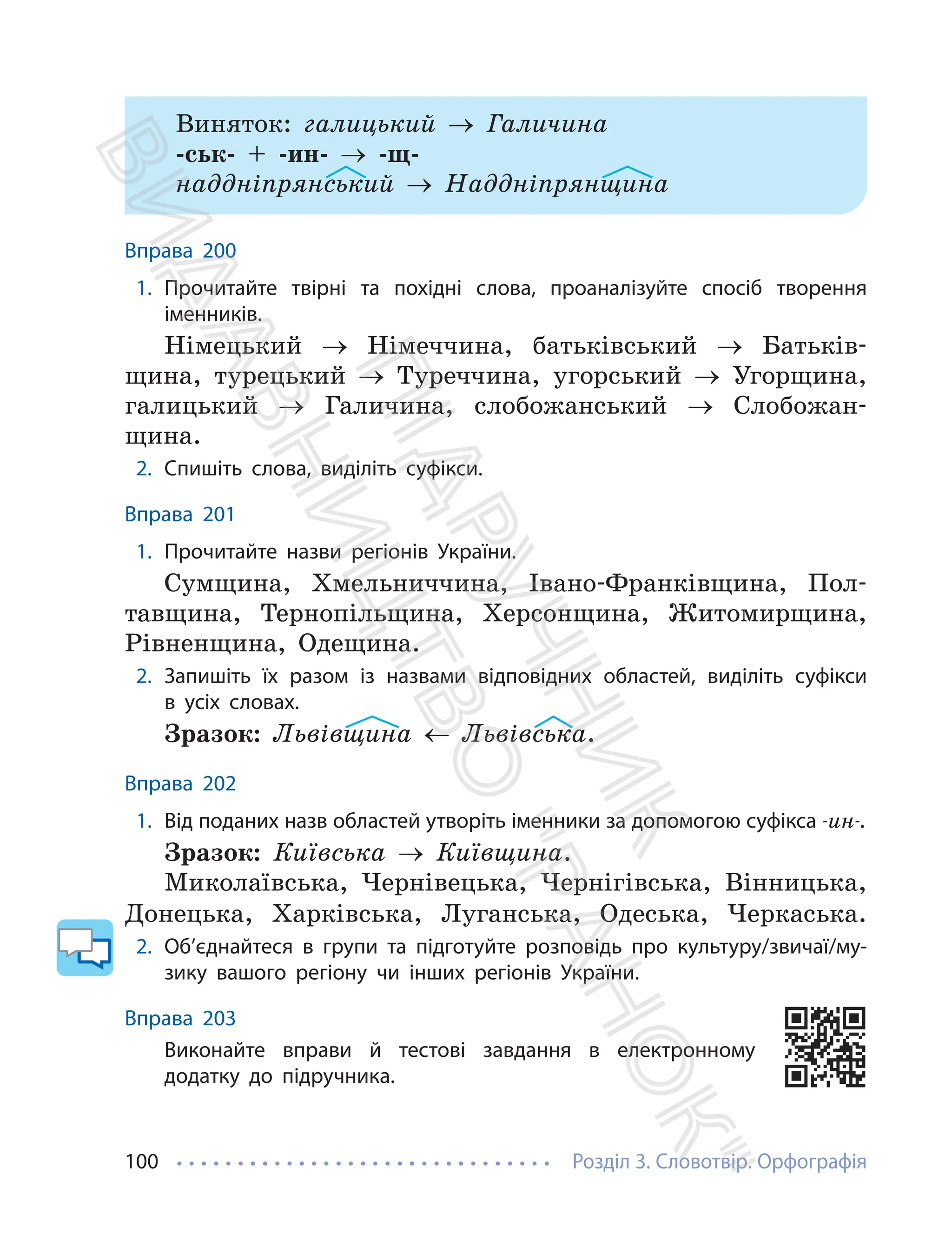 Розділ 3. Словотвір. Орфографія
100
Виняток: галицький → Галичина
-ськ- + -ин- → -щ-
наддніпрянський → Наддніпрянщина
Вправа 200
1. Прочитайте твірні та похідні слова, проаналізуйте спосіб творення
іменників.
Німецький → Німеччина, батьківський → Батьків-
щина, турецький → Туреччина, угорський → Угорщина,
галицький → Галичина, слобожанський → Слобожан-
щина.
2. Спишіть слова, виділіть суфікси.
Вправа 201
1. Прочитайте назви регіонів України.
Сумщина, Хмельниччина, Івано-Франківщина, Пол-
тавщина, Тернопільщина, Херсонщина, Житомирщина,
Рівненщина, Одещина.
2. Запишіть їх разом із назвами відповідних областей, виділіть суфікси
в усіх словах.
Зразок: Львівщина ← Львівська.
Вправа 202
1. Від поданих назв областей утворіть іменники за допомогою суфікса -ин-.
Зразок: Київська → Київщина.
Миколаївська, Чернівецька, Чернігівська, Вінницька,
Донецька, Харківська, Луганська, Одеська, Черкаська.
2. Об’єднайтеся в групи та підготуйте розповідь про культуру/звичаї/му-
зику вашого регіону чи інших регіонів України.
Вправа 203
Виконайте вправи й тестові завдання в електронному
додатку до підручника.
П
і
д
р
у
ч
н
и
к
В
и
д
а
в
н
и
ц
т
в
о
"
Р
а
н
о
к
"
 