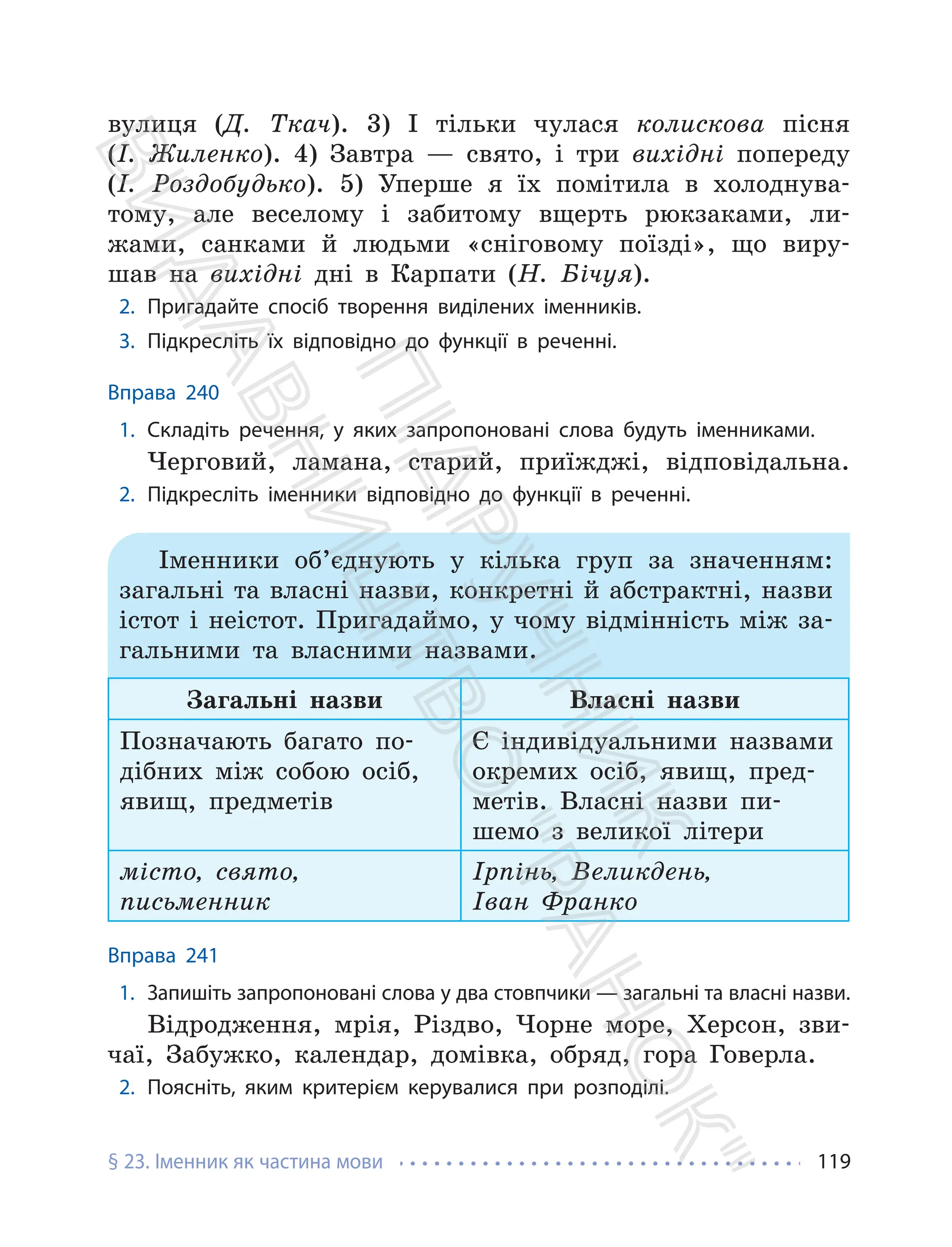 § 23. Іменник як частина мови 119
вулиця (Д. Ткач). 3) І тільки чулася колискова пісня
(І. Жиленко). 4) Завтра — свято, і три вихідні попереду
(І. Роздобудько). 5) Уперше я їх помітила в холоднува-
тому, але веселому і забитому вщерть рюкзаками, ли-
жами, санками й людьми «сніговому поїзді», що виру-
шав на вихідні дні в Карпати (Н. Бічуя).
2. Пригадайте спосіб творення виділених іменників.
3. Підкресліть їх відповідно до функції в реченні.
Вправа 240
1. Складіть речення, у яких запропоновані слова будуть іменниками.
Черговий, ламана, старий, приїжджі, відповідальна.
2. Підкресліть іменники відповідно до функції в реченні.
Іменники об’єднують у кілька груп за значенням:
загальні та власні назви, конкретні й абстрактні, назви
істот і неістот. Пригадаймо, у чому відмінність між за-
гальними та власними назвами.
Загальні назви Власні назви
Позначають багато по-
дібних між собою осіб,
явищ, предметів
Є індивідуальними назвами
окремих осіб, явищ, пред-
метів. Власні назви пи-
шемо з великої літери
місто, свято,
письменник
Ірпінь, Великдень,
Іван Франко
Вправа 241
1. Запишіть запропоновані слова у два стовпчики — загальні та власні назви.
Відродження, мрія, Різдво, Чорне море, Херсон, зви-
чаї, Забужко, календар, домівка, обряд, гора Говерла.
2. Поясніть, яким критерієм керувалися при розподілі.
П
і
д
р
у
ч
н
и
к
В
и
д
а
в
н
и
ц
т
в
о
"
Р
а
н
о
к
"
 