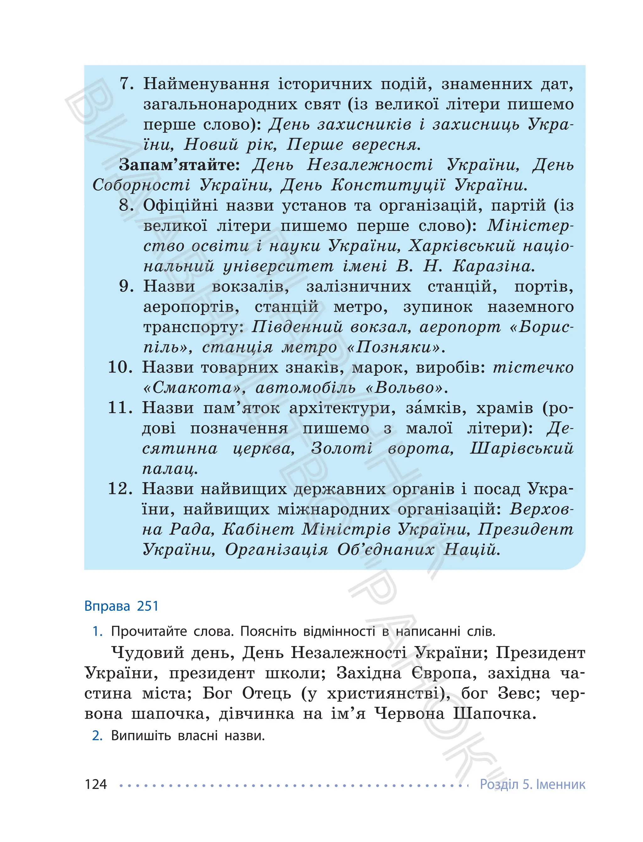 Розділ 5. Іменник
124
7. Найменування історичних подій, знаменних дат,
загальнонародних свят (із великої літери пишемо
перше слово): День захисників і захисниць Укра-
їни, Новий рік, Перше вересня.
Запам’ятайте: День Незалежності України, День
Соборності України, День Конституції України.
8. Офіційні назви установ та організацій, партій (із
великої літери пишемо перше слово): Міністер-
ство освіти і науки України, Харківський націо-
нальний університет імені В. Н. Каразіна.
9. Назви вокзалів, залізничних станцій, портів,
аеропортів, станцій метро, зупинок наземного
транспорту: Південний вокзал, аеропорт «Борис-
піль», станція метро «Позняки».
10. Назви товарних знаків, марок, виробів: тістечко
«Смакота», автомобіль «Вольво».
11. Назви пам’яток архітектури, за́мків, храмів (ро-
дові позначення пишемо з малої літери): Де-
сятинна церква, Золоті ворота, Шарівський
палац.
12. Назви найвищих державних органів і посад Укра-
їни, найвищих міжнародних організацій: Верхов-
на Рада, Кабінет Міністрів України, Президент
України, Організація Об’єднаних Націй.
Вправа 251
1. Прочитайте слова. Поясніть відмінності в написанні слів.
Чудовий день, День Незалежності України; Президент
України, президент школи; Західна Європа, західна ча-
стина міста; Бог Отець (у християнстві), бог Зевс; чер-
вона шапочка, дівчинка на ім’я Червона Шапочка.
2. Випишіть власні назви.
П
і
д
р
у
ч
н
и
к
В
и
д
а
в
н
и
ц
т
в
о
"
Р
а
н
о
к
"
 