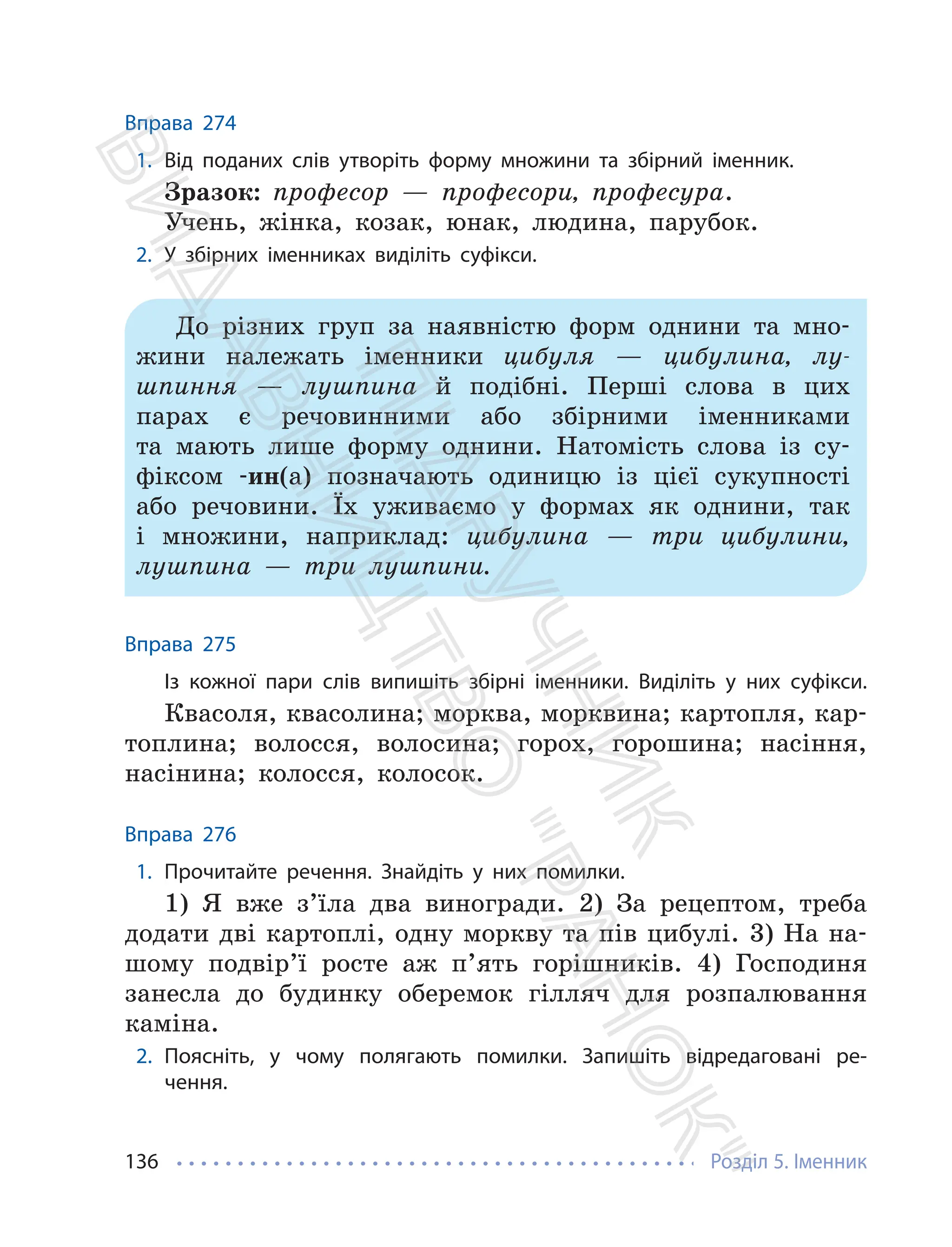 Розділ 5. Іменник
136
Вправа 274
1. Від поданих слів утворіть форму множини та збірний іменник.
Зразок: професор — професори, професура.
Учень, жінка, козак, юнак, людина, парубок.
2. У збірних іменниках виділіть суфікси.
До різних груп за наявністю форм однини та мно-
жини належать іменники цибуля — цибулина, лу-
шпиння — лушпина й подібні. Перші слова в цих
парах є речовинними або збірними іменниками
та мають лише форму однини. Натомість слова із су-
фіксом -ин(а) позначають одиницю із цієї сукупності
або речовини. Їх уживаємо у формах як однини, так
і множини, наприклад: цибулина — три цибулини,
лушпина — три лушпини.
Вправа 275
Із кожної пари слів випишіть збірні іменники. Виділіть у них суфікси.
Квасоля, квасолина; морква, морквина; картопля, кар-
топлина; волосся, волосина; горох, горошина; насіння,
насінина; колосся, колосок.
Вправа 276
1. Прочитайте речення. Знайдіть у них помилки.
1) Я вже з’їла два виногради. 2) За рецептом, треба
додати дві картоплі, одну моркву та пів цибулі. 3) На на-
шому подвір’ї росте аж п’ять горішників. 4) Господиня
занесла до будинку оберемок гілляч для розпалювання
каміна.
2. Поясніть, у чому полягають помилки. Запишіть відредаговані ре-
чення.
П
і
д
р
у
ч
н
и
к
В
и
д
а
в
н
и
ц
т
в
о
"
Р
а
н
о
к
"
 