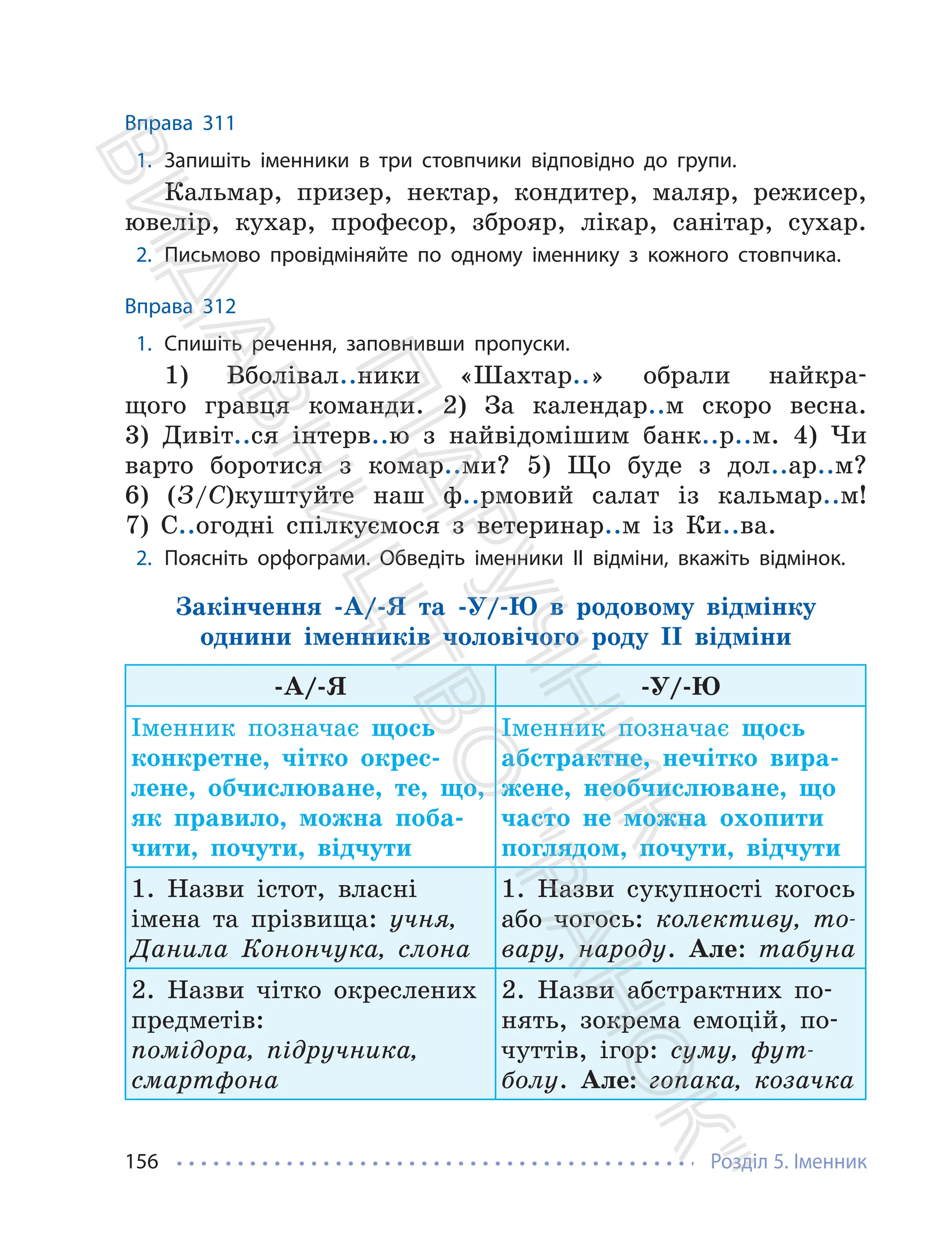 Розділ 5. Іменник
156
Вправа 311
1. Запишіть іменники в три стовпчики відповідно до групи.
Кальмар, призер, нектар, кондитер, маляр, режисер,
ювелір, кухар, професор, зброяр, лікар, санітар, сухар.
2. Письмово провідміняйте по одному іменнику з кожного стовпчика.
Вправа 312
1. Спишіть речення, заповнивши пропуски.
1) Вболівал..ники «Шахтар..» обрали найкра-
щого гравця команди. 2) За календар..м скоро весна.
3) Дивіт..ся інтерв..ю з найвідомішим банк..р..м. 4) Чи
варто боротися з комар..ми? 5) Що буде з дол..ар..м?
6) (З/С)куштуйте наш ф..рмовий салат із кальмар..м!
7) С..огодні спілкуємося з ветеринар..м із Ки..ва.
2. Поясніть орфограми. Обведіть іменники ІІ відміни, вкажіть відмінок.
Закінчення -А/-Я та -У/-Ю в родовому відмінку
однини іменників чоловічого роду ІІ відміни
-А/-Я -У/-Ю
Іменник позначає щось
конкретне, чітко окрес-
лене, обчислюване, те, що,
як правило, можна поба-
чити, почути, відчути
Іменник позначає щось
абстрактне, нечітко вира-
жене, необчислюване, що
часто не можна охопити
поглядом, почути, відчути
1. Назви істот, власні
імена та прізвища: учня,
Данила Конончука, слона
1. Назви сукупності когось
або чогось: колективу, то-
вару, народу. Але: табуна
2. Назви чітко окреслених
предметів:
помідора, підручника,
смартфона
2. Назви абстрактних по-
нять, зокрема емоцій, по-
чуттів, ігор: суму, фут-
болу. Але: гопака, козачка
П
і
д
р
у
ч
н
и
к
В
и
д
а
в
н
и
ц
т
в
о
"
Р
а
н
о
к
"
 