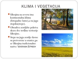 KLIMA I VEGETACIJA
Ukrajina na severu ima
kontinentalnu klimu
(listopadne šume),a na jugu
stepsku(stepe).
Obradivo zemljište pokriva
skoro dve tre ine teritorijeć
Ukrajine.
Stepe na jugu zemlje davno
su pretvorene u oranice,pa
se Ukrajina tradicionalno
naziva ‘DIVOVSKA ŽITNICA’
 