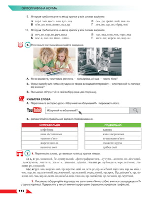   112
Орфографічна норма
9.	 Літеру е треба писати на місці крапок у всіх словах варіанта
	 А	 горл..чко, мисл..ння, вул..чка
	 Б	 п’ят..ро, кош..нятко, пал..ць
	 В	 сем..ро, зробл..ний, нов..на
	 Г	 лев..ня, зар..во, горщ..чок
10.	 Літеру и треба писати на місці крапок у всіх словах варіанта
	 А	 печ..во, кур..во, руч..нька
	 Б	 нос..к, пал..ця, мавп..нятко
	 В	 пал..чка, кош..чок, горл..чка
	 Г	 вогн..ще, мереж..во, мар..во
6.	 Розгляньте світлини й виконайте завдання.
А.	 Як ви думаєте, чому одна світлина — кольорова, а інша — чорно-біла?
Б.	 Якому засобу для читання художніх творів ви віддаєте перевагу — електронній чи паперо-
вій книжці?
В.	 Письмово обґрунтуйте свій вибір (одна-дві сторінки).
КУЛЬТУРА СЛОВА
А.	 Перегляньте експрес-урок «Яблучний чи яблуневий?» і перекажіть його.
Б.	 Запам’ятайте правильний варіант слововживання.
НЕПРАВИЛЬНО ПРАВИЛЬНО
кофейник кавник
кава зі сливками кава з вершками
тушене м’ясо тушковане м’ясо
жарене ципля смажене курча
щепотка солі дрібка солі
7.	 1. Перепишіть слова, уставивши на місці крапок літери.
а) з, с: ро..чищений, бе..притульний, ..фотографуватися, ..сунути, ..котити, не..ліченний,
..простувати, ..чистити, ..хилити, ..тишити, ..цідити, ..чесати, ро..куйовдити, чере..плічник, ..ча-
вити, ро..сипаний;
б) е, и: руч..чка, запрош..ний, пр..зирство, жаб..ня, четв..ро, пр..велебний, горл..чка, вар..во, кош..-
чок, мар..во, пр..плетений, пр..землений, пр..чудовий, горщ..ковий, пр..ярок, Пр..дніпров’я, пр..гір-
клий, доч..чка, зар..во, вогн..ще, оздобл..ний, слон..ня, пр..подобний, пр..чесаний, пр..черствий.
	 2. Письмово обґрунтуйте відповідь на запитання «Чи потрібно вчитися заощаджувати?»
(одна сторінка). Підкресліть у тексті вивчені орфограми (правопис префіксів і суфіксів).
 