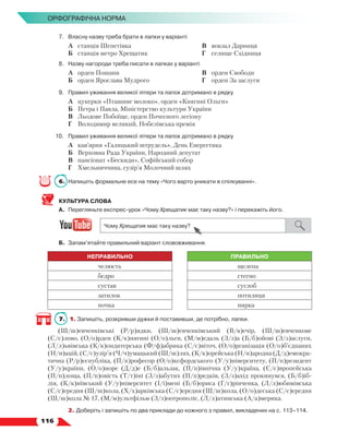   116
Орфографічна норма
7.	 Власну назву треба брати в лапки у варіанті
	 А	 станція Шепетівка
	 Б	 станція метро Хрещатик
	 В	 вокзал Дарниця
	 Г	 селище Східниця
8.	Назву нагороди треба писати в лапках у варіанті
	 А	 орден Пошани
	 Б	 орден Ярослава Мудрого
	 В	 орден Свободи
	 Г	 орден За заслуги
9.	 Правил уживання великої літери та лапок дотримано в рядку
	 А	 цукерки «Пташине молоко», орден «Княгині Ольги»
	 Б	 Петра і Павла, Міністерство культури України
	 В	 Льодове Побоїще, орден Почесного легіону
	 Г	 Володимир великий, Нобелівська премія
10.	 Правил уживання великої літери та лапок дотримано в рядку
	 А	 кав’ярня «Галицький штрудель», День Енергетика
	 Б	 Верховна Рада України, Народний депутат
	 В	 пансіонат «Бескиди», Софійський собор
	 Г	 Хмельниччина, сузір’я Молочний шлях
6.	Напишіть формальне есе на тему «Чого варто уникати в спілкуванні».
КУЛЬТУРА СЛОВА
А.	 Перегляньте експрес-урок «Чому Хрещатик має таку назву?» і перекажіть його.
Б.	 Запам’ятайте правильний варіант слововживання.
НЕПРАВИЛЬНО ПРАВИЛЬНО
челюсть щелепа
бедро стегно
сустав суглоб
затилок потилиця
почка нирка
7.	 1. Запишіть, розкривши дужки й поставивши, де потрібно, лапки.
(Ш/ш)евченківські (Р/р)ядки, (Ш/ш)евченківський (В/в)ечір, (Ш/ш)евченкове
(С/c)лово, (О/о)рден (К/к)нягині (О/о)льги, (М/м)едаль (З/з)а (Б/б)ойові (З/з)аслуги,
(Л/л)ьвівська (К/к)ондитерська (Ф/ф)абрика (С/с)віточ, (О/о)рганізація (О/о)б’єднаних
(Н/н)а­
цій, (С/с)узір’я (Ч/ч)умацький (Ш/ш)лях, (К/к)орейська (Н/н)ародна (Д/д)емокра-
тична (Р/р)еспубліка, (П/п)рофесор (О/о)ксфордського (У/у)ніверситету, (П/п)резидент
(У/у)країни, (О/о)норе (Д/д)е (Б/б)альзак, (П/п)івнічна (У/у)країна, (Є/є)вропейська
(П/п)лоща, (П/п)овість (Т/т)іні (З/з)абутих (П/п)редків, (З/з)ахід прокинувся, (Б/б)іб­
лія, (К/к)иївський (У/у)ніверситет (І/і)мені (Б/б)ориса (Г/г)рінченка, (Л/л)юбимівська
(С/с)ередня (Ш/ш)кола, (Х/х)арківська (С/с)ередня (Ш/ш)кола, (О/о)деська (С/c)ередня
(Ш/ш)кола № 17, (М/м)ультфільм (З/з)оотрополіс, (Л/л)атинська (А/а)мерика.
	 2. Доберіть і запишіть по два приклади до кожного з правил, викладених на с. 113–114.
 