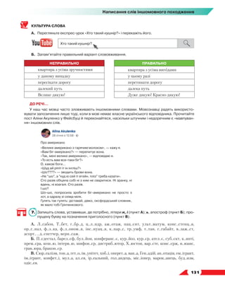   131
Написання слів іншомовного походження
КУЛЬТУРА СЛОВА
А.	 Перегляньте експрес-урок «Хто такий кушнір?» і перекажіть його.
Б.	 Запам’ятайте правильний варіант слововживання.
НЕПРАВИЛЬНО ПРАВИЛЬНО
квартира з усіма зручностями квартира з усіма вигодами
у даному випадку у цьому разі
пересікати дорогу перетинати дорогу
далекий путь далека путь
Велике дякую! Дуже дякую! Красно дякую!
ДО РЕЧІ…
У наш час мовці часто зловживають іншомовними словами. Мовознавці радять використо-
вувати запозичення лише тоді, коли в мові немає власне українського відповідника. Прочитайте
пост Аліни Акуленко у Фейсбуці й переконайтеся, наскільки штучним і недоречним є «мавпуван-
ня» іншомовних слів.
7.	 Запишіть слова, уставивши, де потрібно, літери и, і (пункт А); ь, апостроф (пункт Б); про-
пущену букву на позначення приголосного (пункт В).
А. Л..сабон, Т..бет, г..бр..д, ц..л..ндр, аж..отаж, пац..єнт, ульт..матум, конс..стенц..я,
ор..г..нал, ф..з..ка, ф..з..оном..я, інс..нуац..я, к..пар..с, тр..умф, т..тан, г..габайт, в..заж..ст,
асорт.. , д..спетчер, верн..саж.
Б. П..єдестал, барел..єф, бул..йон, конферанс..є, кур..йоз, кур..єр, ател..є, суб..єкт, к..янті,
прем..єра, кеш..ю, інтерв..ю, шифон..єр, дистриб..ютор, Х..юстон, вар..єте, конс..єрж, н..юанс,
грав..юра, бракон..єр.
В. Сюр..еалізм, тон..а, гет..о, ім..унітет, хоб..і, оперет..а, ван..а, Ген..адій, ан..отація, ем..ігрант,
ім..ігрант, конфет..і, мул..а, ал..ея, ір..еальний, гол..андець, міс..іонер, марок..анець, буд..изм,
одіс..ея.
Про американо
«Велике американо з гарячим молоком», — кажу я.
«Вам біг-амерікано?» — перепитує вона.
«Так, мені велике американо», — відповідаю я.
«То есть вам все-таки біг?»
О, кавові боги...
«Шуд ай ріпіт іт ін інгліш?»
«Шо????» — зводить брови вона.
«Не “шо”, а “куд ю сей іт егейн, пліз” треба казати».
Сто разів обіцяла собі ні з ким не сваритися. Ні зранку, ні
вдень, ні взагалі. Сто разів.
І шо?
Шо-шо, попросила зробити біг-американо не просто з
хот, а одразу зі скімд-мілк.
Гулять так гулять: діставай, дівко, оксфордський словник,
як мало тобі Грінченкового.
 
