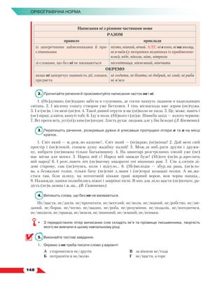   148
Орфографічна норма
Написання ні з різними частинами мови
РАЗОМ
правило приклади
із заперечними займенниками й при-
слівниками
ніхто, ніякий, нічий. АЛЕ: ні в кого, ні на якому,
ні з чиїм (у непрямих відмінках із прийменни-
ком); ніде, ніколи, ніяк, нітрохи
зі словами, що без ні не вживаються нісенітниця, нікчемний, нівечити
ОКРЕМО
якщо ні заперечує наявність дії, ознаки,
предмета
ні ходити, ні бігати; ні добрий, ні злий; ні риба
ні м’ясо
2.	 Прочитайте речення й прокоментуйте написання часток не і ні.
1. (Не)думано, (не)гадано забігла в глухомань, де сосни пахнуть ладаном в кадильницях
світань. 2. І місячну сонату створив уже Бетховен. І тінь місяцехода вже зорям (не)чужа.
3. І я (не)я, і ти мені (не)ти. 4. Такої дивної отрути я ще (ні)коли не пила. 5. Це, може, навіть і
(не) вір­
ші, а квіти, кинуті тобі. 6. Іду в поля. (Ні)кого і (ні)де. Півнеба захід — золото червоне.
7. Всі проти всіх, усі (ні)з ким (не)згодні. Злість рухає людьми, але у бік безодні (Л. Костенко).
3.	 Перепишіть речення, розкривши дужки й уписавши пропущені літери е та и на місці
крапок.
1. Світ який — м..реж..во казкове!.. Світ який — (ні)краю, (ні)кінця! 2. Дай мені свій
простір і (не)спокій, сонцем душу жадібну налий! 3. Мож..ш виб..рати друзів і дружи-
ну, вибрати (не)можна тільки Батьківщину. 4. На цвинтарі розстріляних ілюзій уже (не)
має місця для могил. 5. Народ мій є! Народ мій завжди буде! (Ні)хто (не)п..р..креслить
мій народ! 6.  І  розт..нають ніч (не)вагому квадратні очі віконних рам. 7. Сім д..сятків ді-
дові старому, сам (не)зчувсь, коли і відгуло… 8.  (Не)мелодія — збур..на рана, (не)сло-
ва, а безжальні голки, тільки бачу (не)сині л..мани і (не)горді козацькі полки. А  вв..жа-
ється там, біля шляху, на потоптаній кіньми траві жирний ворон, мов чорна папаха…
9. Назавжди, навіки полюбились ніжні і замріяні пісні. В них дзв..ніло щастя (не)почате, ра-
дість (не)в..мовна і ж..ва… (В. Симоненко).
4.	 Випишіть слова, що без не не вживаються.
Не/щастя, не/досів, не/прочитати, не/веселий, не/воля, не/знаний, не/робство, не/зві-
даний, не/борак, не/чесно, не/щадно, не/роба, не/розуміння, не/подалік, не/погодитися,
не/зводити, не/правда, не/мовля, не/впинний, не/земний, не/втямки.
•	 З передостанніх літер виписаних слів складіть ім’я та прізвище письменника, творчість
якого ви вивчали в цьому навчальному році.
5.	 Виконайте тестові завдання.
1.	 Окремо з не треба писати слово у варіанті
	 А	 сторонитися не/другів
	 Б	 потрапити в не/волю
	 В	 за вікном не/года
	 Г	 не/щастя, а горе
 