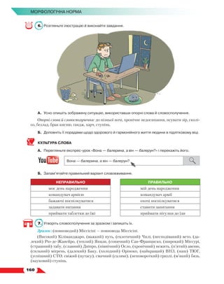   160
МОРФОЛОГІЧНА НОРМА
6.	 Розгляньте ілюстрацію й виконайте завдання.
А.	Усно опишіть зображену ситуацію, використавши опорні слова й словосполучення.
Опорні слова й словосполучення: до пізньої ночі, хронічне недосипання, псувати зір, сколі-
оз, безлад, брак кисню, ґандж, харч, ступінь.
Б.	 Доповніть її порадами щодо здорового й гармонійного життя людини в підлітковому віці.
КУЛЬТУРА СЛОВА
А.	 Перегляньте експрес-урок «Вона — балерина, а він — балерун?» і перекажіть його.
Б.	 Запам’ятайте правильний варіант слововживання.
НЕПРАВИЛЬНО ПРАВИЛЬНО
моє день народження мій день народження
командувач армією командувач армії
бажаючі поспілкуватися охочі поспілкуватися
задавати питання ставити запитання
приймати таблетки до їжі приймати пігулки до їди
7.	Утворіть словосполучення за зразком і запишіть їх.
Зразок: (повноводий) Міссісіпі — повновода Міссісіпі.
(Високий) Кіліманджаро, (важкий) путь, (екзотичний) Чилі, (несподіваний) вето, (да-
лекий) Ріо-де-Жанейро, (теплий) Янцзи, (сонячний) Сан-Франциско, (широкий) Міссурі,
(страшний) табу, (славний) Дніпро, (північний) Осло, (хронічний) нежить, (п’ятий) авеню,
(сильний) мігрень, (далекий) Баку, (холодний) Оріноко, (найкращий) ВНЗ, (наш) ТЮГ,
(успішний) СТО, свіжий (путасу), смачний (салямі), (неповороткий) гризлі, (м’який) бязь,
(науковий) ступінь.
 