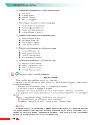   164
МОРФОЛОГІЧНА НОРМА
6.	Тільки в множині вживаються обидва іменники рядка
	 А	 ваги, ноги
	 Б	 ревнощі, хрящі
	 В	 ковзани, барани
	 Г	 дріжджі, парфуми
7.	Тільки в однині вживаються всі іменники рядка
	 А	 кисень, Вавилон, цукорниця
	 Б	 Дніпро, асфальт, відпустка
	 В	 Луцьк, маргарин, жоржина
	 Г	 освіта, Африка, духовність
8.	Тільки в однині вживаються всі іменники рядка
	 А	 кефір, Америка, танець
	 Б	 натхнення, Марс, дуб
	 В	 руда, Еверест, дерево
	 Г	 глина, Біблія, золото
9.	Тільки в множині вживаються всі іменники рядка
	 А	 окуляри, Черкаси, гирі
	 Б	 двері, терези, Чернівці
	 В	 груди, Суми, портрети
	 Г	 ясна, піщинки, Салоніки
10.	Тільки в множині вживаються всі іменники рядка
	 А	 Карпати, жалощі, сходи
	 Б	 ворота, Дарданелли, ліси
	 В	 шахи, цукринки, Канни
	 Г	 пестощі, Анди, спомини
6.	 Прочитайте текст і виконайте завдання.
Брудна білизна
Одна сімейна пара переїхала жити в нову квартиру.
Зранку, ледве прокинувшись, жінка визирнула у вікно й побачила сусідку, яка розвішу-
вала випрану білизну.
— Поглянь, яка брудна в неї білизна, — сказала вона чоловікові.
Але той читав газету й не звернув на це уваги.
— Напевне, у неї погане мило або вона зовсім не вміє прати. Треба було б її повчити.
І так щоранку, коли сусідка розвішувала білизну, жінка дивувалася з того, які ті речі
брудні.
Одного чудового ранку, визирнувши у вікно, вона вигукнула:
— О! Сьогодні білизна чиста! Напевне, навчилася прати!
— Та просто я сьогодні встав рано, — сказав чоловік, — і помив вікно.
ДО РЕЧІ...
У давнину існувала ще третя форма — двоїна, яку використовували на позначення двох осіб
або парних предметів. Вона мала свої відмінкові закінчення. Двоїна зникла, залишилися тільки
форми: очі, плечі, вуса, які нині сприймаємо як множину, а також діалектні форми із числівника-
ми два, три, чотири: дві нозі, три сестрі, чотири відрі і под.
 