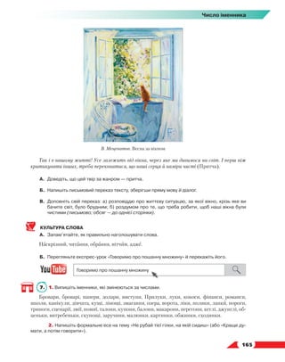   165
Число іменника
Так і в нашому житті! Усе залежить від вікна, через яке ми дивимося на світ. І перш ніж
критикувати інших, треба переконатися, що наші серця й наміри чисті (Притча).
А.	 Доведіть, що цей твір за жанром — притча.
Б.	Напишіть письмовий переказ тексту, зберігши пряму мову й діалог.
В.	 Доповніть свій переказ: а) розповіддю про життєву ситуацію, за якої вікно, крізь яке ви
бачите світ, було брудним; б) роздумом про те, що треба робити, щоб наші вікна були
чистими (письмово; обсяг — до однієї сторінки).
КУЛЬТУРА СЛОВА
А.	 Запам’ятайте, як правильно наголошувати слова.
Наскрізний, читання, обрання, вітчим, адже.
Б.	 Перегляньте експрес-урок «Говоримо про пошанну множину» й перекажіть його.
7.	 1. Випишіть іменники, які змінюються за числами.
Бровари, броварі, папери, долари, виступи, Прилуки, луки, кокоси, фінанси, романси,
школи, канікули, дівчата, кущі, лінощі, змагання, озера, ворота, ліки, поляки, лапки, пороги,
триноги, сценарії, змії, помиї, талони, купони, балони, макарони, перегони, кеглі, джунглі, об-
ценьки, витребеньки, скупощі, заручини, малюнки, картинки, обжинки, сходинки.
	 2. Напишіть формальне есе на тему «Не рубай тієї гілки, на якій сидиш» (або «Краще ду-
мати, а потім говорити»).
В. Меценатов. Весна за вікном
 