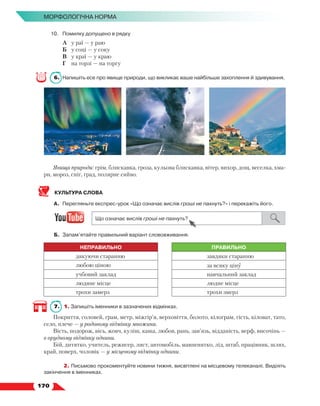   170
МОРФОЛОГІЧНА НОРМА
10.	 Помилку допущено в рядку
	 А	 у раї — у раю
	 Б	 у соці — у соку
	 В	 у краї — у краю
	 Г	 на торзі — на торгу
6.	Напишіть есе про явище природи, що викликає ваше найбільше захоплення й здивування.
Явища природи: грім, блискавка, гроза, кульова блискавка, вітер, вихор, дощ, веселка, хма-
ри, мороз, сніг, град, полярне сяйво.
КУЛЬТУРА СЛОВА
А.	 Перегляньте експрес-урок «Що означає вислів гроші не пахнуть?» і перекажіть його.
Б.	 Запам’ятайте правильний варіант слововживання.
НЕПРАВИЛЬНО ПРАВИЛЬНО
дякуючи старанню завдяки старанню
любою ціною за всяку ціну
учбовий заклад навчальний заклад
людяне місце людне місце
трохи замерз трохи змерз
7.	 1. Запишіть іменники в зазначених відмінках.
Покриття, соловей, грам, метр, міжгір’я, верховіття, болото, кілограм, гість, кіловат, тато,
село, плече — у родовому відмінку множини.
Вість, подорож, вісь, жовч, куліш, каша, любов, рань, зав’язь, відданість, верф, височінь —
в орудному відмінку однини.
Бій, дитятко, учитель, режисер, лист, автомобіль, мавпенятко, лід, штаб, працівник, шлях,
край, поверх, чоловік — у місцевому відмінку однини.
	 2. Письмово прокоментуйте новини тижня, висвітлені на місцевому телеканалі. Виділіть
закінчення в іменниках.
 