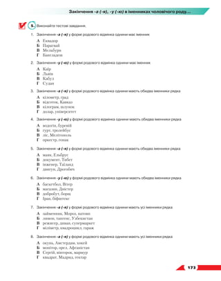   173
Закінчення -а (-я), -у (-ю) в іменниках чоловічого роду...
5.	 Виконайте тестові завдання.
1.	 Закінчення -а (-я) у формі родового відмінка однини має іменник
	 А	 Еквадор
	 Б	 Парагвай
	 В	 Мельбурн
	 Г	 Бангладеш
2.	 Закінчення -у (-ю) у формі родового відмінка однини має іменник
	 А	 Каїр
	 Б	 Львів
	 В	 Кабул
	 Г	 Судан
3.	 Закінчення -а (-я) у формі родового відмінка однини мають обидва іменники рядка
	 А	 кілометр, град
	 Б	 відсоток, Кавказ
	 В	 кілограм, шлунок
	 Г	 долар, університет
4.	 Закінчення -у (-ю) у формі родового відмінка однини мають обидва іменники рядка
	 А	 водогін, буревій
	 Б	 гурт, тролейбус
	 В	 ліс, Мелітополь
	 Г	 оркестр, гопак
5.	 Закінчення -а (-я) у формі родового відмінка однини мають обидва іменники рядка
	 А	 маяк, Ельбрус
	 Б	 документ, Тибет
	 В	 інженер, Таїланд
	 Г	 двигун, Дрогобич
6.	 Закінчення -у (-ю) у формі родового відмінка однини мають обидва іменники рядка
	 А	 баскетбол, Вітер
	 Б	 магазин, Дністер
	 В	 добробут, борщ
	 Г	 Іран, біфштекс
7.	 Закінчення -а (-я) у формі родового відмінка однини мають усі іменники рядка
	 А	 займенник, Мороз, натовп
	 Б	 лимон, тангенс, Узбекистан
	 В	 режисер, диван, супермаркет
	 Г	 міліметр, квадроцикл, гараж
8.	 Закінчення -а (-я) у формі родового відмінка однини мають усі іменники рядка
	 А	 окунь, Амстердам, хокей
	 Б	 монітор, орел, Афганістан
	 В	 Сергій, вівторок, мармур
	 Г	 квадрат, Мадрид, гектар
 