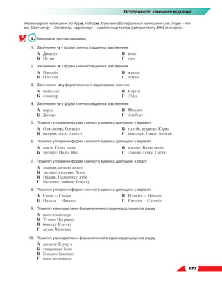   177
Особливості кличного відмінка
ляємо на різні написання: то Ігоре, то Ігорю. Сумнівні або паралельні написання слів (Ігоре — Іго-
рю, Свят-вечір — Святвечір, надкісниця — надкістниця та под.) автори тесту ЗНО оминають.
5.	 Виконайте тестові завдання.
1.	 Закінчення -у у формі кличного відмінка має іменник
	 А	 Дмитро
	 Б	 Петро
	 В	 вовк
	 Г	 син
2.	 Закінчення -є у формі кличного відмінка має іменник
	 А	 Вікторія
	 Б	 Олексій
	 В	 жриця
	 Г	 земля
3.	 Закінчення -ю у формі кличного відмінка має іменник
	 А	 магнолія
	 Б	 каменяр
	 В	 Сергій
	 Г	 Лідія
4.	 Закінчення -о у формі кличного відмінка має іменник
	 А	 народ
	 Б	 Дніпро
	 В	 Микита
	 Г	 Альберт
5.	 Помилку у творенні форми кличного відмінка допущено у варіанті
	 А	 Олю, коню, Олексію
	 Б	 матусю, лосю, Агнесо
	 В	 голубе, ведмеде, Юрію
	 Г	 школяре, Павле, містере
6.	 Помилку у творенні форми кличного відмінка допущено у варіанті
	 А	 земле, Галю, Іване
	 Б	 тесляре, Надю, Яно
	 В	 хлопче, Валю, честе
	 Г	 Львове, татку, Настю
7.	 Помилку у творенні форми кличного відмінка допущено в рядку
	 А	 знавцю, шевцю, книго
	 Б	 тесляре, стороже, Агніє
	 В	 Назаре, Назарчику, дубе
	 Г	 Віолетто, любове, Генріху
8.	 Помилку у творенні форми кличного відмінка допущено у варіанті
	 А	 Євген — Євгене
	 Б	 Наталя — Наталю
	 В	 Наталія — Наталіє
	 Г	 Євгенія — Євгенію
9.	 Помилку у використанні форми кличного відмінка допущено в рядку
	 А	 пане професоре
	 Б	 Тетяно Петрівно
	 В	 боксере Кличку
	 Г	 друже Максиме
10.	 Помилку у використанні форми кличного відмінка допущено в рядку
	 А	 доценте Глущук
	 Б	 товаришко Інно
	 В	 Богдано Іванівно
	 Г	 пане полковник
 