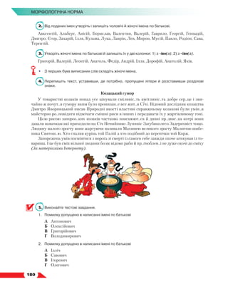   180
МОРФОЛОГІЧНА НОРМА
2.	 Від поданих імен утворіть і запишіть чоловічі й жіночі імена по батькові.
Авксентій, Альберт, Анісій, Борислав, Валентин, Валерій, Гаврило, Георгій, Геннадій,
Дмитро, Єгор, Захарій, Ілля, Кузьма, Лука, Лаврін, Лев, Мирон, Мусій, Павло, Родіон, Сава,
Терентій.
3.	Утворіть жіночі імена по батькові й запишіть їх у дві колонки: 1) з -івн(а); 2) з -ївн(а).
Григорій, Валерій, Леонтій, Анатоль, Федір, Андрій, Ілля, Дорофій, Анатолій, Яків.
•	 З перших букв виписаних слів складіть жіночі імена.
4.	 Перепишіть текст, уставивши, де потрібно, пропущені літери й розставивши розділові
знаки.
Козацький гумор
У товаристві козаків понад усе цінували сміливіс..ть кмітливіс..ть добре сер..це і зви-
чайно ж почут..я гумору яким було пронизан..е все жит..я Січі. Відомий дослідник козацтва
Дмитро Яворницький писав Природні якості властиві справжньому козакові були умін..я
майстерно ро..повідати підмічати смішні риси в інших і передавати їх у жартівливому тоні.
Цією рисою запороз..ких козаків частково пояснюют..ся й дивні пр..звис..ка котрі вони
давали новачкам які приходили на Січ Непийпиво Лупиніс Загубиколесо Задерихвіст тощо.
Людину малого зросту вони жартуючи називали Махинею великого зросту Малютою шибе-
ника Святош..ю. Хто спалив курінь той Палій а хто подібний до перепічки той Корж.
Запорожець умів посміятися з ворога зі смерті із самого себе завжди охоче кепкував із то-
вариша. І це був сміх вільної людини бо як відомо раби й пр..гноблен..і не дуже охочі до сміху
(За матеріалами Інтернету).
5.	 Виконайте тестові завдання.
1.	 Помилку допущено в написанні імені по батькові
	 А	 Антонович
	 Б	 Олексійович
	 В	 Григорійович
	 Г	 Володимирович
2.	 Помилку допущено в написанні імені по батькові
	 А	 Ілліч
	 Б	 Савович
	 В	 Ігоревич
	 Г	 Олегович
 