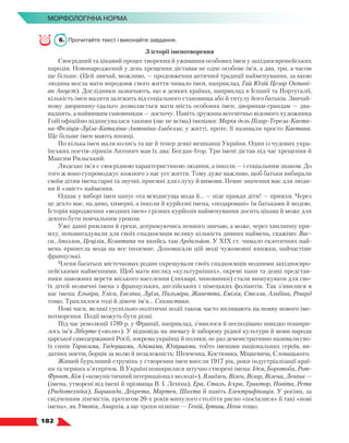   182
МОРФОЛОГІЧНА НОРМА
6.	 Прочитайте текст і виконайте завдання.
З історії іменотворення
Своєрідний та цікавий процес творення й уживання особових імен у західноєвропейських
народів. Новонароджений у день хрещення діставав не одне особове ім’я, а два, три, а часом
ще більше. (Цей звичай, можливо, — продовження античної традиції найменування, за якою
людина могла мати впродовж свого життя чимало імен, наприклад, Гай Юлій Цезар Октаві-
ан Август). Дослідники зазначають, що в деяких країнах, наприклад в Іспанії та Португалії,
кількість імен маляти залежить від соціального становища або й титулу його батьків. Звичай-
ному дворянину-ідальго дозволяється мати шість особових імен, дворянам-грандам — два-
надцять, а найвищим сановникам — досхочу. Навіть дружина всесвітньо відомого художника
Гойї офіційно підписувалася такими (ще не всіма) іменами: Марія дель Пілар-Тереза-Каєта-
на-Феліція-Луїза-Каталіна-Антоніна-Ізабелла; у житті, проте, її називали просто Каєтана.
Ще більше імен мають японці.
По кілька імен мали колись та ще й тепер деякі мешканці України. Один із чудових укра-
їнських поетів-ліриків Антонич мав їх два: Богдан-Ігор. Три імені дістав під час хрещення й
Максим Рильський.
Людське ім’я є своєрідною характеристикою людини, а інколи — і соціальним знаком. До
того ж воно супроводжує кожного з нас усе життя. Тому дуже важливо, щоб батьки вибирали
своїм дітям імена гарні та звучні, приємні для слуху й вимови. Певне значення має для люди-
ни й «зміст» наймення.
Однак у виборі імен панує ота всюдисуща мода й... — ніде правди діти! — примхи. Через
це дехто має, на диво, химерні, а інколи й курйозні імена, «подаровані» їм батьками й модою.
Історія народження «модних імен» і різних курйозів найменування досить цікава й може для
декого бути повчальним уроком.
Уже давні римляни й греки, дотримуючись певного звичаю, а може, через хвилинну при-
мху, понавигадували для своїх спадкоємців велику кількість дивних наймень, скажімо: Вас-
са, Аполлон, Цецілія, Ксантипа чи якийсь там Ардальйон. У ХІХ ст. чимало екзотичних най-
мень принесла мода на все іноземне. Допомагали цій моді чужомовні книжки, найчастіше
французькі.
Члени багатьох містечкових родин охрещували своїх спадкоємців модними західноєвро-
пейськими найменнями. Щоб мати вигляд «культурніших», окремі пани та деякі представ-
ники заможних верств міського населення (лихварі, чиновники) стали вишукувати для сво-
їх дітей незвичні імена з французьких, англійських і німецьких фоліантів. Так з’явилися в
нас імена: Ельвіра, Уліса, Евеліна, Луїза, Пальміра, Жанетта, Емілія, Стелла, Альбіна, Річард
тощо. Траплялося тоді й дівоче ім’я... Схоластика.
Нові часи, великі суспільно-політичні події також часто впливають на появу нового іме-
нотворення. Події можуть бути різні.
Під час революції 1789 р. у Франції, наприклад, з’явилося й несподівано швидко пошири-
лось ім’я Ліберте («воля»). У відповідь на зневагу й заборону рідної культури й мови народи
царської самодержавної Росії, зокрема українці й поляки, не раз демонстративно називали сво-
їх синів Тарасами, Тадеушами, Адамами, Юліушами, тобто іменами національних героїв, ви-
датних поетів, борців за волю й незалежність: Шевченка, Костюшка, Міцкевича, Словацького.
Живий бурхливий струмінь у створення імен внесли 1917 рік, роки індустріалізації краї-
ни та перших п’ятирічок. В Україні поширилися штучно створені імена: Ідея, Боротьба, Рот-
Фронт, Кім («комуністичний інтернаціонал молоді»), Владлен, Вілен, Вілор, Вілена, Леніна —
(імена, утворені від імені й прізвища В. І. Леніна), Ера, Сталь, Іскра, Трактор, Новіта, Рета
(Радіотехніка), Барикада, Декрета, Мартен, Шахта й навіть Електрифікація. У росіян, за
свідченням лінгвістів, протягом 20-х років минулого століття рясно «посіялися» й такі «нові
імена», як Утопія, Анархія, а ще трохи пізніше — Геній, Іртиш, Неон тощо.
 