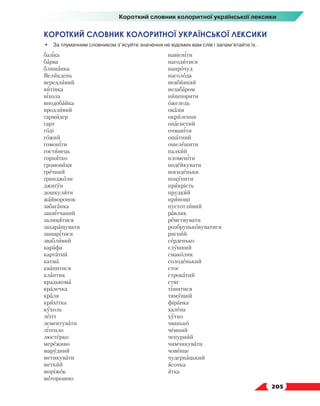   205
Короткий словник колоритної української лексики
КОРОТКИЙ СЛОВНИК КОЛОРИТНОЇ УКРАЇНСЬКОЇ ЛЕКСИКИ
•	 За тлумачним словником з’ясуйте значення не відомих вам слів і запам’ятайте їх.
базіка
барва
бляшанка
Великдень
вередливий
витівка
віхола
вподобайка
вродливий
гармидер
гарт
годі
гожий
гомоніти
гостинець
горнятко
громовиця
ґречний
ґринджоли
джиґун
дошкуляти
жайворонок
забаганка
заквітчаний
залицятися
захаращувати
зашарітися
звабливий
карафа
картатий
катма
квапитися
клаптик
крадькома
кралечка
краля
крихітка
кухоль
легіт
лементувати
літепло
люстерко
мереживо
марудний
метикувати
меткий
моріжок
моторошно
навісніти
нагодитися
напрочуд
насолода
неабиякий
незабаром
нишпорити
ожеледь
оказія
окрилення
опасистий
очманіти
ошатний
ошелешити
палкий
пломеніти
подейкувати
посиденьки
поцупити
прикрість
прудкий
прянощі
пустотливий
равлик
ремствувати
розбруньковуватися
рясний
серденько
слушний
смаколик
солоденький
стос
строкатий
стяг
тішитися
тямущий
фіранка
халепа
хутко
чванько
чемний
чепурний
чимчикувати
човенце
чудернацький
ясочка
ятка
 