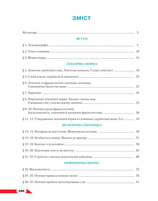   206
Короткий словник наголосів
ЗМІСТ
Від автора .
.............................................................................................................................................. 3
ВСТУП
§ 1. Лексикографія .............................................................................................................................. 4
§ 2. Типи словників............................................................................................................................. 10
§ 3. Мовна норма.................................................................................................................................. 14
ЛЕКСИЧНА НОРМА
§ 4. Лексичне значення слова. Лексична помилка. Слово і контекст ............................... 18
§ 5. Слова власне українські й запозичені.
.................................................................................. 23
§ 6. Лексичні та фразеологічні синоніми, антоніми.
Синонімічне багатство мови ................................................................................................... 27
§ 7. Пароніми ........................................................................................................................................ 32
§ 8. Порушення лексичної норми. Кальки з інших мов.
Уживання слів у невластивому значенні .
........................................................................... 35
§ 9–10. Основні групи фразеологізмів.
Багатозначність, синонімія й антонімія фразеологізмів ............................................... 38
§ 11–12. Утвердження лексичної норми в словниках української мови. Есе .
............... 43
ПРАКТИЧНА РИТОРИКА
§ 13–14. Риторика як мистецтво. Мовленнєва ситуація .
...................................................... 46
§ 15–16. Особистість мовця. Вимоги до оратора ..................................................................... 51
§ 17–18. Контакт з аудиторією ....................................................................................................... 56
§ 19–20. Підготовка тексту до виступу ....................................................................................... 63
§ 21–22. Стратегія і тактика мовленнєвої поведінки ............................................................. 68
ОРФОЕПІЧНА НОРМА
§ 23. Милозвучність ........................................................................................................................... 72
§ 24–25. Основні правила вимови звуків ................................................................................... 76
§ 26–27. Основні правила наголошування слів ....................................................................... 81
 
