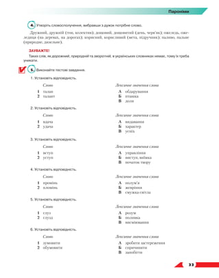  33
Пароніми
4.	Утворіть словосполучення, вибравши з дужок потрібне слово.
Дружний, дружній (тон, колектив); дощовий, дощовитий (день, черв’як); ожеледь, оже-
ледиця (на деревах, на дорогах); корисний, корисливий (мета, підручник); паливо, пальне
(природне, дизельне).
ЗАУВАЖТЕ!
Таких слів, як дорожний, природній та зворотній, в українських словниках немає, тому їх треба
уникати.
5.	 Виконайте тестові завдання.
1. Установіть відповідність.
Слово Лексичне значення слова
1	 талан
2	 талант
А	 обдарування
Б	 пташка
В	 доля
2. Установіть відповідність.
Слово Лексичне значення слова
1	 вдача
2	 удача
А	 видавання
Б	 характер
В	 успіх
3. Установіть відповідність.
Слово Лексичне значення слова
1	 вступ
2	 уступ
А	 управління
Б	 виступ, виїмка
В	 початок твору
4. Установіть відповідність.
Слово Лексичне значення слова
1	 промінь
2	 пломінь
А	 полум’я
Б	 жевріння
В	 смужка світла
5. Установіть відповідність.
Слово Лексичне значення слова
1	 глуз
2	 глузд
А	 розум
Б	 поливка
В	 висміювання
6. Установіть відповідність.
Слово Лексичне значення слова
1	 зумовити
2	 обумовити
А	 зробити застереження
Б	 спричинити
В	 запобігти
 