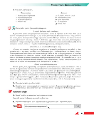   41
Основні групи фразеологізмів...
6. Установіть відповідність.
Фразеологізм Антонім
1	 жовтодзьобе горобеня
2	 мухи не скривдить
3	 підносити до неба
4	 темний ліс
А	 пальця в рота не клади
Б	 топтати в болото
В	 бути під конем
Г	 як на долоні
Д	 битий жак
6.	 Прочитайте тексти й виконайте завдання.
А хура й досі там, а віз і нині там
Журналісти часто послуговуються висловом з байки І. Крилова а віз і нині там (коли
хочуть емоційно висловитися про те, що якесь діло не йде). Нічого поганого в тому, звичай-
но, немає, треба збагачувати палітру виразових засобів. Прикро лише те, що майже ніхто не
згадує українського вислову з байки Л. Глібова а хура й досі там. Можливо, бояться рідко-
вживаного тепер слова хура (великий віз або сани для перевезення вантажів і людей). Але ж
незнання якогось слова не є підставою для ігнорування цілого фразеологізму.
Впадати (а не кидатися) в око (очі, вічі)
«Перше, що кинулось у вічі, коли ми зайшли до музею, була цілковита занедбаність його
приміщень», — читаємо в одній із газет. Кидатись у вічі в українській мові (на відміну від рос.
бросаться в глаза) не є фразеологічним зворотом, тобто не має цілісного значення, а сприйма-
ється буквально: хтось кинувся комусь у вічі й, можливо, видряпав їх. Поняття «привертати
увагу» відтворюється фразеологізмом впадати в око (в очі, вічі): «Вутанька Гуслиста з пер-
шого дня впала юнакові в око» (О. Гончар). Тож у наведеному уривку тексту потрібно було
написати: «Перше, що впало в око, коли ми зайшли до музею...»
Грати роль і відігравати роль
Вислів грати роль доречний у застосуванні до акторів або до людей, які видають себе за
когось. У переносному значенні використовуємо словосполучення відігравати роль. Синтак-
сично незграбне речення з газетного тексту «Сам собою цей факт зіграє немаловажну (каль-
ка російського слова!) роль для припинення міжрелігійних конфліктів» треба відредагувати
так: «Цей факт відіграє неабияку роль у припиненні міжконфесійних конфліктів». Пор.: «Того
вечора я грала зовсім іншу роль» (Леся Українка); «Педагогічна дія­
льність Софії Русової віді-
грала велику роль у розвитку українського шкільництва» (газ.) (За О. Пономаревим).
А.	 Перекажіть прочитаний матеріал.
Б.	Складіть текст рекомендаційного характеру на тему «Як уникати конфліктів з друзями»,
використавши фразеологізми, про які ви дізналися з досліджень О. Пономарева.
КУЛЬТУРА СЛОВА
А.	 Запам’ятайте, як правильно наголошувати слова.
Завезти, завчасу, замазка, залишити, закрутка.
Б.	 Перегляньте експрес-урок «Що означає на руку ковінька?» і перекажіть його.
 