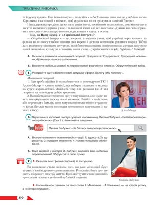   50
ПРАКТИЧНА РИТОРИКА
та й думку гадаю». Оце його спонука — полетіти в небо. Попович знав, що це улюблена пісня
Корольова, і заспівав її в космосі, щоб українська пісня пролунала на цілий Усесвіт.
Наша держава приділяє дуже мало уваги науці, космічним технологіям, хоча ми все ще в
десятці космічних держав, у нас є талановиті вчені, але все занепадає. Думаю, що сила держа-
ви у тому, настільки щедро вона вкладає кошти в науку, в освіту.
— Що, на Вашу думку, є «Український інтерес»?
— «Український інтерес» — це, зокрема, створення умов, щоб українці через книжки та
фільми мали змогу глибше пізнати свої корені й дістали мотивацію рухатися вперед. Тобто
дати розгін внутрішньому ресурсові, який би не працював на інші економіки, а ставав двигуном
нашої економіки, культури, а значить, нашої сили — української сили (Ю. Горбань, І. Собора).
А.	 Визначте елементи мовленнєвої ситуації: 1) адресата; 2) адресанта; 3) предмет мовлен-
ня; 4) умови успішного спілкування.
Б.	 Визначте найбільш цікавий та переконливий фрагмент в інтерв’ю. Обґрунтуйте свій вибір.
5.	 Розіграйте одну з мовленнєвих ситуацій у формі діалогу (або полілогу).
Мовленнєві ситуації
1. Вам треба підійти й познайомитися з телеведучою ТСН
Аллою Мазур — членом комісії, яка вибирає талановиту молодь
на курси журналістики. Знайдіть тему для розмови (до 2 хв)
і справте на телеведучу добре враження.
2. Ваші батьки категорично проти татуювання, а ви дуже хо-
чете викарбувати на своєму плечі малюнок. Знайдіть такі слова,
аби переконати батьків, що в татуюванні немає нічого страшно-
го (роль батьків мають виконати противники татуювання з ва-
шого класу).
6.	 Перегляньте короткий виступ сучасної письменниці Оксани Забужко «Не бійтеся говори-
ти українською» (2 хв 1 с) і виконайте завдання.
А.	 Визначте елементи мовленнєвої ситуації: 1) адресата; 2) ад­
ресанта; 3) предмет мовлення; 4) умови успішного спілку-
вання.
Б.	 Який момент у виступі О. Забужко видався вам найбільш
переконливим? Обґрунтуйте свою думку.
7.	 1. Складіть текст (одна сторінка) за ситуацією.
Ви випадково стали свідком того, що ваш молодший брат
курить зі своїм другом-однокласником. Розкажіть йому про ко-
ристь здорового способу життя. Проілюструйте свою розповідь
прикладом із життя успішної публічної людини.
	 2. Напишіть есе, узявши за тему слова І. Малковича: «Т. Шевченко — це історія успіху,
а не історія поразки».
Алла Мазур
Оксана Забужко
 