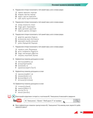   79
Основні правила вимови звуків
4.	 Підкреслені літери позначають той самий звук у всіх словах рядка
	 А	 лимон, випадок, перетин
	 Б	 мережа, вектор, партер
	 В	 хомут, зозуля, кожушок
	 Г	 тобі, потік, політехнічний
5.	 Підкреслені літери позначають той самий звук у всіх словах рядка
	 А	 товар, потонути, скотч
	 Б	 ноша, шип, порадишся
	 В	 якби, ґречний, аґрусний
	 Г	 мішень, шапка, носишся
6.	 Підкреслені літери позначають той самий звук у всіх словах рядка
	 А	 жорстко, жасмин, бджола
	 Б	 гелікоптер, кігті, Гостомель
	 В	 зірковий, косьба, зітканий
	 Г	 дзвін, бородатий, бадьоро
7.	 Підкреслені літери позначають той самий звук у всіх словах рядка
	 А	 гордість, сміх, Бердянськ
	 Б	 вухо, сповивати, бовкнути
	 В	 каша, хвилюєшся, Шостка
	 Г	 тактика, поточний, вітчим
8.	 Орфоепічну помилку допущено в слові
	 А	 миється [мийеі
ц´:а]
	 Б	 розжуй [роу
зжуй]
	 В	 качці [кац´:і]
	 Г	 принісши [прие
н´іш:ие
]
9.	 Орфоепічну помилку допущено в слові
	 А	 граєшся [грайеі
с´:а]
	 Б	 книжці [книз´ц´і]
	 В	 флешці [флез´ц´і]
	 Г	 вітчизна [в’іч:изна]
10.	Орфоепічну помилку допущено в слові
	 А	 стежка [стежка]
	 Б	 джміль [джм’іл´]
	 В	 нігті [н´ігт´і]
	 Г	 вокзал [воґзал]
6.	 Прослухайте фрагмент інтерв’ю з політиком Ю. Тимошенко й виконайте завдання.
А.	 Яких орфоепічних помилок припустилася Ю. Тимошенко? На вимову яких звуків їй треба
звернути увагу?
 