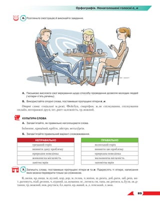   89
Орфографія. Ненаголошені голосні е, и
6.	 Розгляньте ілюстрацію й виконайте завдання.
А.	 Письмово висловте свої міркування щодо способу проведення дозвілля молодих людей
(чотири-п’ять речень).
Б.	 Використайте опорні слова, поставивши пропущені літери е, и.
Опорні слова: соціальні м..режі, Фейсбук, смартфон, ж..ве спілкування, спілкування
онлайн, несправжні друзі, інт..рнет-залежність, тр..вожний.
КУЛЬТУРА СЛОВА
А.	 Запам’ятайте, як правильно наголошувати слова.
Іконопис, крицевий, кроїти, люстро, металургія.
Б.	 Запам’ятайте правильний варіант слововживання.
НЕПРАВИЛЬНО ПРАВИЛЬНО
грецький горіх волоський горіх
виявити дану проблему виявити цю проблему
природня поведінка природна поведінка
живописна місцевість мальовнича місцевість
завітна мрія заповітна мрія
7.	 Запишіть слова, поставивши пропущені літери е та и. Підкресліть ті літери, написання
яких можна перевірити тільки за словником.
К..шеня, кр..ниця, м..нулий, кор..дор, м..телик, ч..мпіон, ш..ренга, доб..рати, заб..реш, ви­
-
т..ратимуть, підб..резник, ч..пурний, зд..вування, ос..литися, см..тана, зм..ритися, ц..буля, зв..р­
-
тання, тр..вожний, пов..рнутися, бл..щати, кр..вавий, в..л..тенський, л..мон.
 