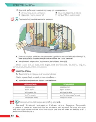   92
Орфографічна норма
10.	Апостроф треба писати на місці пропуску в усіх словах варіанта
	 А	 стерв..ятник, в..юн, з..агітувати
	 Б	 підв..язка, уп..яте, мавп..ячий
	 В	 пів..юрти, підмурів..я, пір..їна
	 Г	 узгір..я, Об..ю, з..економити
6.	 Розгляньте ілюстрацію й виконайте завдання.
А.	 Опишіть ситуацію двома-трьома реченнями. Доповніть свій опис міркуваннями про те,
чому молоді люди свідомо ризикують своїм здоров’ям, а іноді й життям.
Б.	 Використайте опорні слова, поставивши, де потрібно, апостроф.
Опорні слова: вол..єр, мавп..ячий, моркв..яний, несер..йозний, пів..яблука, звір..ята,
знічев..я, зап..ястя, вп..ястися, обов..язково.
КУЛЬТУРА СЛОВА
А.	 Запам’ятайте, як правильно наголошувати слова.
Обруч, одноразовий, оптовий, отаман, одинадцять.
Б.	 Запам’ятайте правильний варіант слововживання.
НЕПРАВИЛЬНО ПРАВИЛЬНО
два відсотка два відсотки
третє люте третє лютого
півтора місяці півтора місяця
по п’ятницям по п’ятницях, щоп’ятниці
без десяти шість за десять шоста
7.	 Перепишіть слова, поставивши, де потрібно, апостроф.
Тьм..яний, без..язикий, розм..якшити, Стеф..юк, загір..я, Заполяр..я, брукв..яний,
з..юрмитися, краков..як, різдв..яний, бур..як, дзв..якати, двох..ядерний, Зв..ягель, між..ярус-
ний, присв..ята, горохв..яний, св..ятиня, супер..яхта, трав..янистий, лижв..яр, різьб..яр, перед..-
ювілейний, Придніпров..я.
 