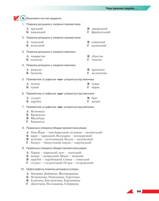   99
Чергування звуків...
5.	 Виконайте тестові завдання.
1.	 Помилку допущено у творенні прикметника
	 А	 празький
	 Б	 кавказький
	 В	 запорізький
	 Г	 французський
2.	 Помилку допущено у творенні прикметника
	 А	 чешський
	 Б	 волоський
	 В	 сиваський
	 Г	 казахський
3.	 Помилку допущено у творенні іменника
	 А	 товариство
	 Б	 козацтво
	 В	 убозство
	 Г	 ткацтво
4.	 Помилку допущено у творенні іменника
	 А	 юнацтво
	 Б	 багацтво
	 В	 кріпацтво
	 Г	 молодецтво
5.	 Прикметник із суфіксом -ськ- утвориться від іменника
	 А	 печеніг
	 Б	 чуваш
	 В	 чумак
	 Г	 моряк
6.	 Прикметник із суфіксом -цьк- утвориться від іменника
	 А	 студент
	 Б	 парубок
	 В	 брат
	 Г	 матрос
7.	 Прикметник із суфіксом -зьк- утвориться від іменника
	 А	 Волноваха
	 Б	 Кременчук
	 В	 Магдебург
	 Г	 Бердянськ
8.	 Правильно утворено обидва прикметники рядка
	 А	 Нью-Йорк — нью-йоркський, половець — половеський
	 Б	 варяг — варязький, Володарка — володарський
	 В	 мученик — мученицький, Калуш — калушський
	 Г	 Бахмут — бахмутський, киргиз — киргизський
9.	 Правильно утворено обидва прикметники рядка
	 А	 Париж — паризький, ткач — ткачський
	 Б	 матрос — матроський, Мекка — мецький
	 В	 парубок — парубоцький, Сиваш — сиваський
	 Г	 студент — студентський, Острог — острожський
10.	 Орфографічну помилку допущено в рядку
	 А	 Одещина, Київщина, Житомирщина
	 Б	 Острожчина, Рівненщина, Туреччина
	 В	 Галичина, Хмельничина, Херсонщина
	 Г	 Донеччина, Полтавщина, Сіверщина
 