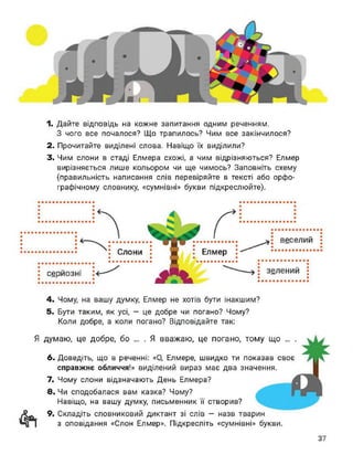 1. Дайте відповідь на кожне запитання одним реченням.
З чого все почалося? Що трапилось? Чим все закінчилося?
2. Прочитайте виділені слова. Навіщо їх виділили?
3. Чим слони в стаді Елмера схожі, а чим відрізняються? Елмер
вирізняється лише кольором чи ще чимось? Заповніть схему
(правильність написання слів перевіряйте в тексті або орфо­
графічному словнику, «сумнівні» букви підкреслюйте).
4. Чому, на вашу думку, Елмер не хотів бути інакшим?
5. Бути таким, як усі, — це добре чи погано? Чому?
Коли добре, а коли погано? Відповідайте так:
Я думаю, це добре, бо ... . Я вважаю, це погано, тому що ... .
6. Доведіть, що в реченні: «О, Елмере, швидко ти показав своє
справжнє обличчя!» виділений вираз має два значення.
7. Чому слони відзначають День Елмера?
8. Чи сподобалася вам казка? Чому?
Навіщо, на вашу думку, письменник її створив?
9. Складіть словниковий диктант зі слів — назв тварин
з оповідання «Слон Елмер». Підкресліть «сумнівні» букви.
37
 