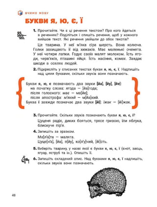 ВЧИМО МОВУ
БУКВИ Я, Ю, Є, ї
оо 1. Прочитайте. Чи є ці речення текстом? Про кого йдеться
в реченнях? Поділіться і спишіть речення, щоб у кожного
вийшов текст. Які речення увійшли до обох текстів?
Це тварина. У неї м'яка сіра шерсть. Вона колюча.
Голки захищають її від хижаків. Має маленькі оченята.
У неї чотири лапки. Годує своїх малят молоком. їсть яго­
ди, черв'яків, пташині яйця. їсть насіння, комах. Завдає
шкоди в оселях людей.
2. Підкресліть у списаних текстах букви я, ю, є, ї. Надпишіть
над цими буквами, скільки звуків вони позначають.
Букви я, ю, є позначають два звуки [йа], [йу], [йе]:
на початку слова: ягода — [йа]года;
після голосного: має - ма[йе];
після апострофа: м'який — м[йа]кий.
Буква ї завжди позначає два звуки [йі]: їжак — [йі]жак.
3. Прочитайте. Скільки звуків позначають букви я, ю, є, ї?
Цуценя радіє, диких бояться, трясе гривою, їли яблука,
блискуче пір'я.
4. Запишіть за зразком.
Ма[л’а]та — малята.
Цуце[н‘а], [йа], п[йу], ко[л‘у]чий, [йі]сть.
5. Виберіть тварину, у назві якої є букви я, ю, є, ї (єнот, заєць,
ягуар, яструб та ін.). Опишіть її.
4п 6. Запишіть складений опис. Над буквами я, ю, є, ї надпишіть,
скільки звуків вони позначають.
48
 