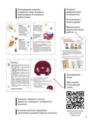 Обговорюємо важливі
й серйозні теми. Вчимося
переконувати й поважати
думку інших.
чнтлано іл оя.овомосио
Вчимося
доброзичливо
спілкуватися.
Висловлюємо
Вже ско(и будуть elvhanr.
Беруть уси - стррих малих
Садять І дивляться. 4ОДСГПС
Де ЩО ЧЄ rS»x - ЛЄЖИЇь ГОРІХ.
А їм лвтігн тяатра » flaxf
О цій Н5‘0ДЯий ЛОВІ!
Летіти і йкТЙГи
- Чи ки іюбіяхіЮСЯ ще’.
СадЯТи шПйти і цілая«.яга
н. ДОщи* O0dиїьСЯ дощем.
Непомітно Лвнгмо осінь —
День коротшим став ирдо&і
Глянь: ьеоОии >хе - зломиш«*
І е дайіа багряність и/йи.
в»» у теплі краї едлупії
СонідолиХи - деоінкі хитанні,
Нв стрійні їм тапер домліти
На даіеий південній аемлі
ЙмМИПХ Е*»АМ»
м
46
Xs.»wa Х/С.тз
НЕСЛУХНЯНИЙ
дошик
кдоыы мамя-Доыиха
таїїомз' Довд-лпочл.
— Л«идо.ю хвилини/
ПСимю тобі CtpGW.
Та поги зяаініпвхмарин/
Соосм-.у с неї їшшіиіа
Та ивслухняна дитина
і -СЛЦУ awe нй їїишнЛй.
А до порогам Хуга
поїнаїесь га Дощикои слідом -
Зивр* бЄЗ СОДОчси Д*щлг
ОиГівв Ю ОЄиЛгіі СНІССМ.
ЧОМУ ЇЖАЧКА
НІХТО не ГЛАДИТЬ
Гіллі №«v
ішоя саДІ Ькачьк сіїьг.ьгло вулицею бачить,
НИК цуіккя ГПЙДУТЬ, а Тв РЄД?«>4Д^НЬИЄ' Поавздрив їжвчои
цуценяті тз й пішдо далі.
№ та б ід» Яж глядь - не лавочці дівчин« сцдить
кіііаку гладять. а кіше-кз — рцда-ьадійиькз. хоемликдм
авртиіь І муриодо.
Птмздрив Ї«ЄМЗК кішечці Тй й пінки Делі
іде їжачок млієм. СгаГгь гічь, упряжений ди овес, а по­
руч паруй*. хлопець «ода гладить, в той рзднйоєдісіньний,
аж гривою ТРЯСС
Гідододрив ькачон нміеяі та й пішла дол. ідо в М та и
іде. і ніхто йому більше не трапляється - пише пале до­
вкола. Зупинився (жачж та Ї. п&демАв: оД чай/ ж чана
НІХТО не (ЛВДіПь>
Сів їкаїок. на моріжок' і'Ьгуиувап-пдоуиував та й сапла-
ийв ґрио йому <.тто> up його н&ст» не гладить «я ж
І добрий, І чемний, a IA3JC чіхто до і.'іадкть», — схлиптвав
і'мвчок
Підбігла до нього сіреньке мишка, витерла йому сліеки
хугтиннои <Ти чопу nnoaeujl-» — допитала -А ивдо ніхто
не іледнти» - пожалійся їжо-кік «мене гех ніхто не гла
дити але ж я нв плачу* — екдогля Митна. «А ноиу гвйв
не ГЛЗДЛТЬ?* - ЗйПИТве бачок. «ЬО Я А» свійське. З ди»е
а диких не тпадоть. їх бдотьсвв, — гишенила мишка, «д я
теж дикий?* — допитав Гжачм. Звичайна*, — відповіла
тишка, «ну І добре». - ензхаа їжачок і оаіцак-иа мишис до
себе В ГОСТІ
і пішли вони до ідачна в г-остт 1 час пнпн, і горілки
j лбп/чками "іли і tin tідо їжачок иішін не e/vt/vm, що
ного ніхто не ГПГДОП,
'AfoftlXM (A4<7ZJ -- ГЛ73 Т0333.
л
Вітер з пожовклим цистити
Грається в мтикзмншки
То пожанатьсн бтххом.
ТО nvwwcTtpa нишком.
Hz з поли іпБиз.
Ьуде, ДІТКИ,
Зиме
ДУГЛ» -IW
власну думку.
Презентуємо
результати своєї
1 Псе п<у дору роту йдеткг у віршаіТ1 Чету ви та: д/моьте”
£■Чи с у «’fuel икіивпзм ciwk.’ U|? ^гкмэгпо хрмукгтп ’Анк
шашня?
З» Що к>. &гчип- опУСточи вірші? Ц|о 'УгтЄ? Якби им добирали
музику до цих віри к — «ното /■ вона Сула’
4.У яіиХ віризї псо лейдо прирдои роьгтвідзвтдол як про хирі
>&totV> Нзєєаіг» приклади
Вайорааянг« два Гагри их і дна останніх |іядои вірша сШпани
і j-etiura«. Про які амг-н р приводі врік оозіввйаготьТ
4.Спресуйте переорати ери- Чи донзкеве врйчині вд вірите
та 1с парадах/? Up е у вірша« ппхко. чага немає в парагАїП
7. Пор шпиги віри: та списи (дня. го.іцкдоі сторк.и}. Де тттлов-
_ «■•««кип. <;»епт. раітпкктп про тюді" » д* - -«ридати
лрчуттд настрій’
28
1. Дли чтпт паади •тмгвктго’ А дпл «ото ммтвете ви?
2. Пра нтгай-ят. Зрадіть гигатимі раадн-я Ншіииїть едгладг.
АНДЦІЙ ‘ІНЇЗі. «ДИВОВИЖНІ Л&НГОДИ В Лісовій ШКОЛІ» ЗсіЬО-
леда Ністгйий Оксана иктас кнюи«)- Галини Кирпи «ІЗій
тєтоотйв «ргаю». і вен «итос «Енциклопедія техніки» а яг/
КНИХМУ ЧНТХТЙ ви?
Досліджуємо
мову
Збагачуємо
словниковим
•>іу»Ч хдоск
£ У рачімиі назву книжки пиїдомо з валигаї літери і в па
X Складіть арг.)Ш адвои інагнсііп про свою улебпену ннижту
ов «оозігк Я«у ВИХлипГ іифдткоцдо nromft
1. Не амінййТьСЯ «»ТОЙ Мвчті л«ггягои KteW’
2 нааісцз їдотчі/ лотр&ю, щ<0 його глц
3« Рр»ІГРайТЄ P02VT50/ІХіьй і ГЛишки.
4. Слово дпКлп мй« біг«ТО Х«Вч«ис< МАЙ!
наютьтурнии, сорок лапианй, .«стрим
його вжила Млш«а7
5. Нии кав ііожцпауваги йссгчои. щоб ні
4>ЯЙ ПМСЛЮ'й найбіїьше пірдолигьдо
Друга у сіагуті гізиают».
5о.-и ш екзрби дорожча
У постах добре п вдона лише.
Вчимося говорити і писати
грамотно, знаходити і виправляти
помилки
запас
□
□
І
Вчимося вчитися: працюємо
самостійно, використовуючи пам'ятки.
МАТЕРІАЛИ ДО УРОКІВ
АУДІОСУПРОВІД
e-litera.com.ua
5
 