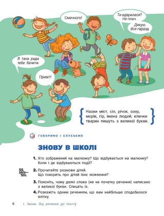 Ти вдарилася?
Не плач.
Дякую.
Все гаразд.
{
Назви міст, сіл, річок, озер,
морів, гір, імена людей, клички >
тварин пишуть з великої букви.
ЗНОВУ В ШКОЛІ
1. Хто зображений на малюнку? Що відбувається на малюнку?
Коли і де відбуваються події?
оо 2. Прочитайте розмови дітей.
Що говорить про дітей їхнє мовлення?
3. Поясніть, чому деякі слова (не на початку речення) написано
з великої букви. Спишіть їх.
4. Розкажіть одним реченням, що вам найбільше сподобалося
влітку.
6 І. Зміни. Від речення до тексту
 