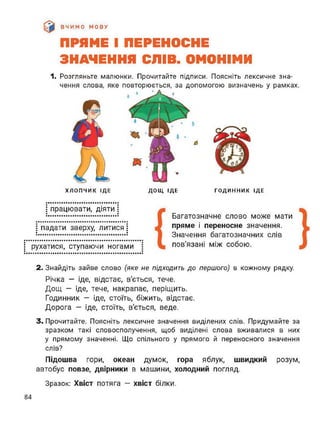 ВЧИМО МОВУ
ПРЯМЕ І ПЕРЕНОСНЕ
ЗНАЧЕННЯ СЛІВ. ОМОНІМИ
1. Розгляньте малюнки. Прочитайте підписи. Поясніть лексичне зна-
повторюється, за допомогою визначень у рамках,
о
ХЛОПЧИК ІДЕ ДОЩ ІДЕ ГОДИННИК ІДЕ
І працювати, діяти
падати зверху, литися
рухатися, ступаючи ногами
Багатозначне слово може мати
пряме і переносне значення.
Значення багатозначних слів
пов'язані між собою.
2. Знайдіть зайве слово (яке не підходить до першого) в кожному рядку.
Річка — іде, відстає, в'ється, тече.
Дощ — іде, тече, накрапає, періщить.
Годинник — іде, стоїть, біжить, відстає.
Дорога - іде, стоїть, в'ється, веде.
3. Прочитайте. Поясніть лексичне значення виділених слів. Придумайте за
зразком такі словосполучення, щоб виділені слова вживалися в них
у прямому значенні. Що спільного у прямого й переносного значення
слів?
Підошва гори, океан думок, гора яблук, швидкий розум,
автобус повзе, двірники в машини, холодний погляд.
Зразок: Хвіст потяга - хвіст білки.
84
 