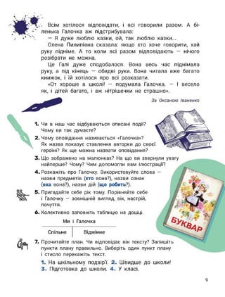 . Всім хотілося відповідати, і всі говорили разом. А бі­
ленька Галочка аж підстрибувала:
— Я дуже люблю казки, ой, так люблю казки...
Олена Пилипівна сказала: якщо хто хоче говорити, хай
руку підніме. А то коли всі разом відповідають — нічого
розібрати не можна.
Це Галі дуже сподобалося. Вона весь час піднімала
руку, а під кінець — обидві руки. Вона читала вже багато
книжок, і їй хотілося про всі розказати.
«От хороше в школі! — подумала Галочка. — І весело
як, і дітей багато, і аж нітрішечки не страшно».
За Оксаною Іваненко

1. Чи в наш час відбуваються описані події?
Чому ви так думаєте?
2. Чому оповідання називається «Галочка»?
Як назва показує ставлення авторки до своєї
героїні? Як ще можна назвати оповідання?
3. Що зображено на малюнках? На що ви звернули увагу
найперше? Чому? Чим допомогли вам ілюстрації?
4. Розкажіть про Галочку. Використовуйте слова -
назви предметів (хто вона?), назви ознак
(яка вона?), назви дій (що робить?).
5. Пригадайте себе рік тому. Порівняйте себе
і Галочку — зовнішній вигляд, вік, настрій,
почуття.
6. Колективно заповніть таблицю на дошці.
Ми і Галочка
Спільне Відмінне
7. Прочитайте план. Чи відповідає він тексту? Запишіті
пункти плану правильно. Виберіть один пункт плану
і стисло перекажіть текст.
1. На шкільному подвір'ї. 2. Швидше до школи!
3. Підготовка до школи. 4. У класі.
9
 