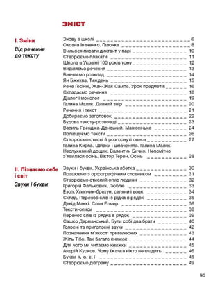 ЗМІСТ
І. Зміни
Від речення
до тексту
Знову В ШКОЛІ_____________________________________ 6
Оксана Іваненко. Галочка___________________________ 8
Вчимося писати диктант у парі______________________ 10
Створюємо плакати_______________________________11
Школа в Україні 100 років тому______________________ 12
Виділяємо речення________________________________ 13
Вивчаємо розклад________________________________ 14
Ян Бжехва. Тиждень_______________________________15
Рене Госінні, Жан-Жак Сампе. Урок предметів_________ 16
Складаємо речення_______________________________18
Діалог і монолог_________________________________ 19
Галина Малик. Дивний звір_________________________20
Речення і текст___________________________________21
Добираємо заголовок_____________________________ 22
Будова тексту-розповіді____________________________23
Василь Ґренджа-Донський. Манюсінька_____________ 24
Поліпшуємо тексти________________________________ 26
Створюємо стислі й розгорнуті описи________________ 27
Галина Кирпа. Шпаки і шпаченята. Галина Малик.
Неслухняний дощик. Валентин Бичко. Непомітно
з’явилася осінь. Віктор Терен. Осінь_______________ 28
II. Пізнаємо себе Звуки і букви. Українська абетка___________________ ЗО
І св|т Працюємо з орфографічним словником____________ 31
Створюємо стислий опис людини__________________32
Звуки І букви Григорій Фалькович. Люблю_______________________33
Езоп. Хлопчик-брехун, селяни і вовк________________ 34
Склад. Перенос слів із рідка в рядок________________ 35
Девід Маккі. Слон Елмер__________________________ 36
Тексти-описи____________________________________ 38
Перенос слів із рядка в рядок______________________39
Сашко Дерманський. Були собі два брати____________40
Голосні та приголосні звуки_________________________42
Позначення м’якості приголосних___________________ 43
Жіль Тібо. Так багато книжок_______________________ 44
Для чого ми читаємо книжки_______________________ 45
Андрій Курков. Чому їжачка ніхто не гладить_________46
Букви я, ю, є, ї___________________________________48
Створюємо діаграму______________________________ 49
95
 