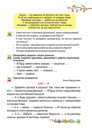 Зачин — це невелика за обсягом частина твору.
В ній ми знайомимося з героями чи подіями твору.
Основна частина — найбільша за обсягом.
У ній розкривається основний зміст твору.
Кінцівка — невелика частина. Найчастіше в кінцівці
описується, як усе закінчилось.
З якої частини ти дізнався (дізналася), звідки прийшла мама?
У якій частині сказано, якдомовлялися брати?
З якої частини ти довідався (довідалася), як хлопці поділили
гостинець?
Якти гадаєш, чомуДмитрик погодився на пропозицію Сашка?
А як ти вчинив би (вчинила б) на місці кожного з братів?
Склади продовження оповідання (свою кінцівку).
'Хі Потренуйся виразно читати речення.
Слова, виділені курсивом, допоможуть дібрати відповідну
інтонацію.
— Я буду ремонтувати іграшки, — вигукнув ....
— Що сталося? — запитала ....
— У мене немає сім’ї, — плакала ....
— Ура! — зраділа ....
Прочитай оповідання.
Анна Коршунова
СІМ —Я
— Давайте гратися в родину! Так, наче ми справжня сі­
м’я,— запропонував Дмитрик.—Я буду татом і працюватиму
водієм ось цієї великої машини.
— А я буду дідусем і ремонтуватиму онукам іграшки, —
вигукнув Владик і відкрив маленьку скриньку з іграшковими
інструментами.
— А я — мама, — сказала Оленка. — Я пішла до ліжечка
вкладати спати маленьку донечку.
— А я — бабуся, — озвалася Маринка, — я готуватиму
смачну вечерю й пектиму пиріжки!
Ч
 