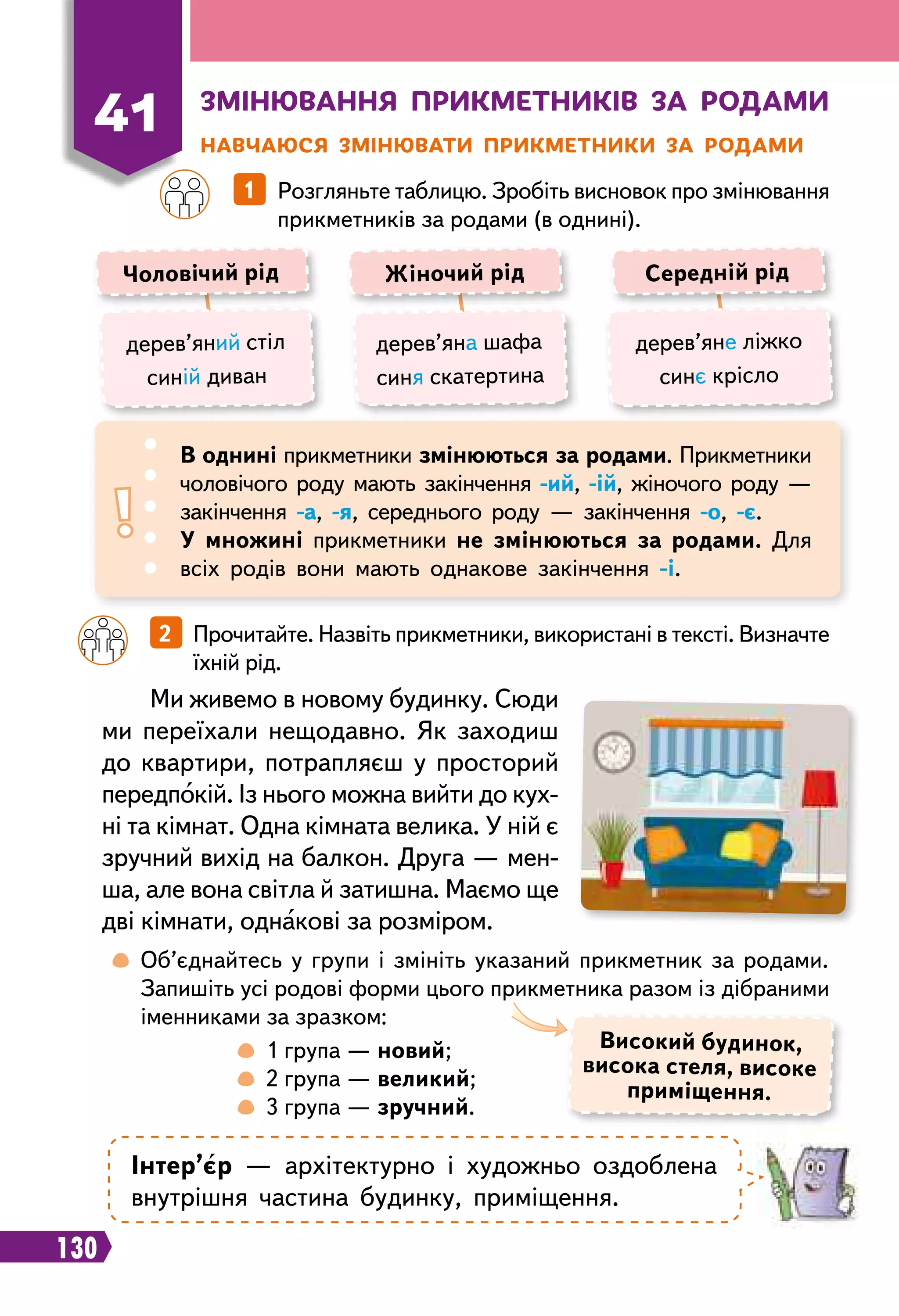 130
41
З
мінювання прикметників за
р
одами
Н
авчаюся змінювати прикметники за
р
одами
		
1   Розгляньте таблицю. Зробіть висновок про змінювання
прикметників за родами (в однині).
Чоловічий рід
дерев’яний стіл
синій диван
Жіночий рід
дерев’яна шафа
синя скатертина
Середній рід
дерев’яне ліжко
синє крісло
В однині прикметники змінюються за родами. Прикметники
чоловічого роду мають закінчення -ий, -ій, жіночого роду —
закінчення -а, -я, середнього роду — закінчення -о, -є.
У множині прикметники не змінюються за родами. Для
всіх родів вони мають однакове закінчення -і.
		
2   Прочитайте. Назвіть прикметники, використані в тексті. Визначте
їхній рід.
Ми живемо в новому будинку. Сюди
ми переїхали нещодавно. Як заходиш
до квартири, потрапляєш у просторий
передпокій. Із нього можна вийти до кух-
ні та кімнат. Одна кімната велика. У ній є
зручний вихід на балкон. Друга — мен-
ша, але вона світла й затишна. Маємо ще
дві кімнати, однакові за розміром.
	
 
Об’єднайтесь у групи і змініть указаний прикметник за родами.
Запишіть усі родові форми цього прикметника разом із дібраними
іменниками за зразком:
				
 
1 група — новий;
				
 
2 група — великий;
				
 
3 група — зручний.
Високий будинок,
висока стеля, високе
приміщення.
Інтер’єр — архітектурно і художньо оздоблена
внутрішня частина будинку, приміщення.
 