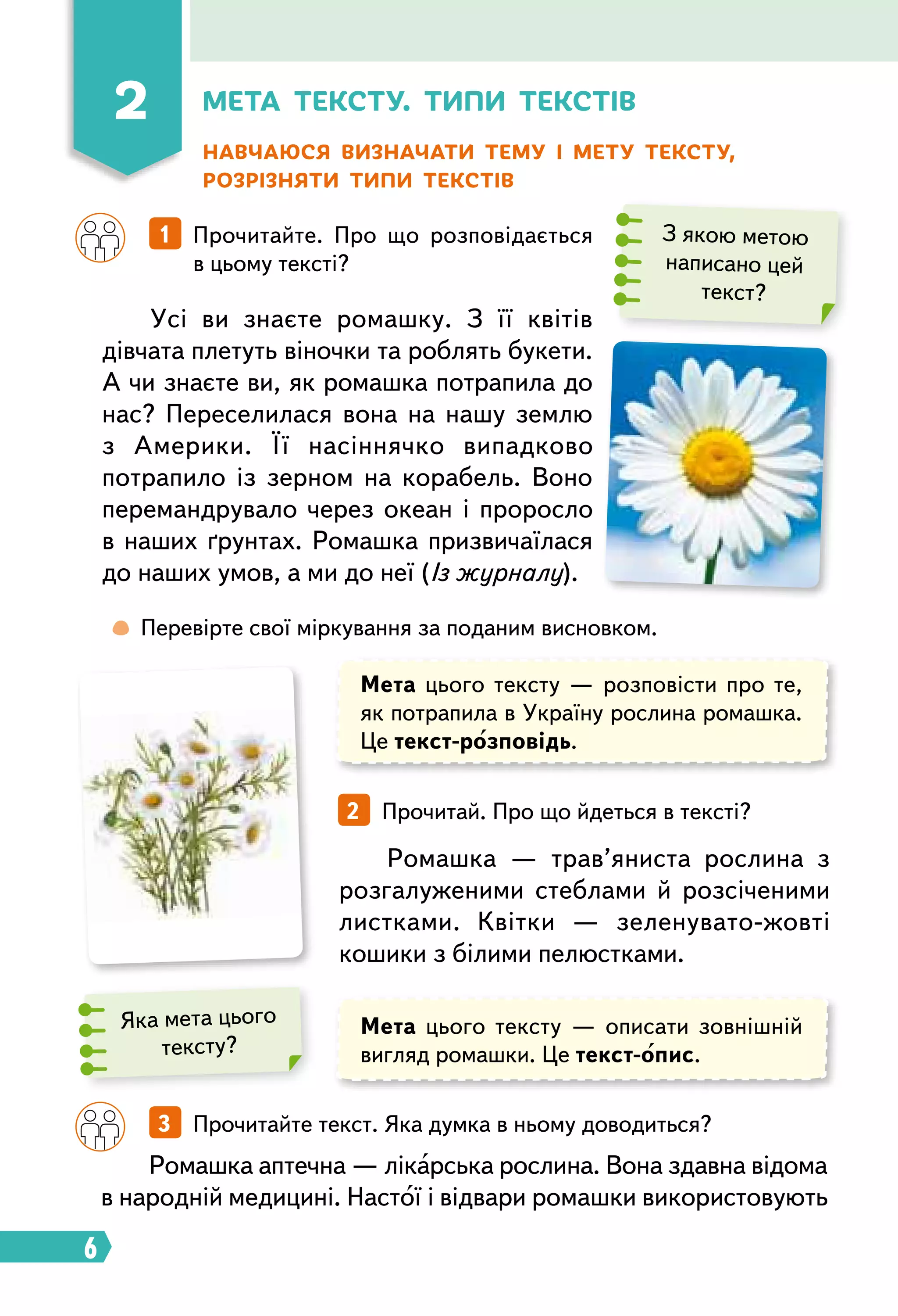 6
Мета тексту. Типи текстів
Навчаюся визначати тему і мету тексту,
розрізняти типи текстів
З якою метою
написано цей
текст?
Яка мета цього
тексту?
		 1   Прочитайте. Про що розповідається
в цьому тексті?
		 3   Прочитайте текст. Яка думка в ньому доводиться?
2   Прочитай. Про що йдеться в тексті?
Усі ви знаєте ромашку. З її квітів
дівчата плетуть віночки та роблять букети.
А чи знаєте ви, як ромашка потрапила до
нас? Переселилася вона на нашу землю
з Америки. Її насіннячко випадково
потрапило із зерном на корабель. Воно
перемандрувало через океан і проросло
в наших ґрунтах. Ромашка призвичаїлася
до наших умов, а ми до неї (Із журналу).
Ромашка — трав’яниста рослина з
розгалуженими стеблами й розсіченими
листками. Квітки — зеленувато-жовті
кошики з білими пелюстками.
	  Перевірте свої міркування за поданим висновком.
Мета цього тексту — розповісти про те,
як потрапила в Україну рослина ромашка.
Це текст-розповідь.
Мета цього тексту — описати зовнішній
вигляд ромашки. Це текст-опис.
Ромашка аптечна — лікарська рослина. Вона здавна відома
в народній медицині. Настої і відвари ромашки використовують
2
 
