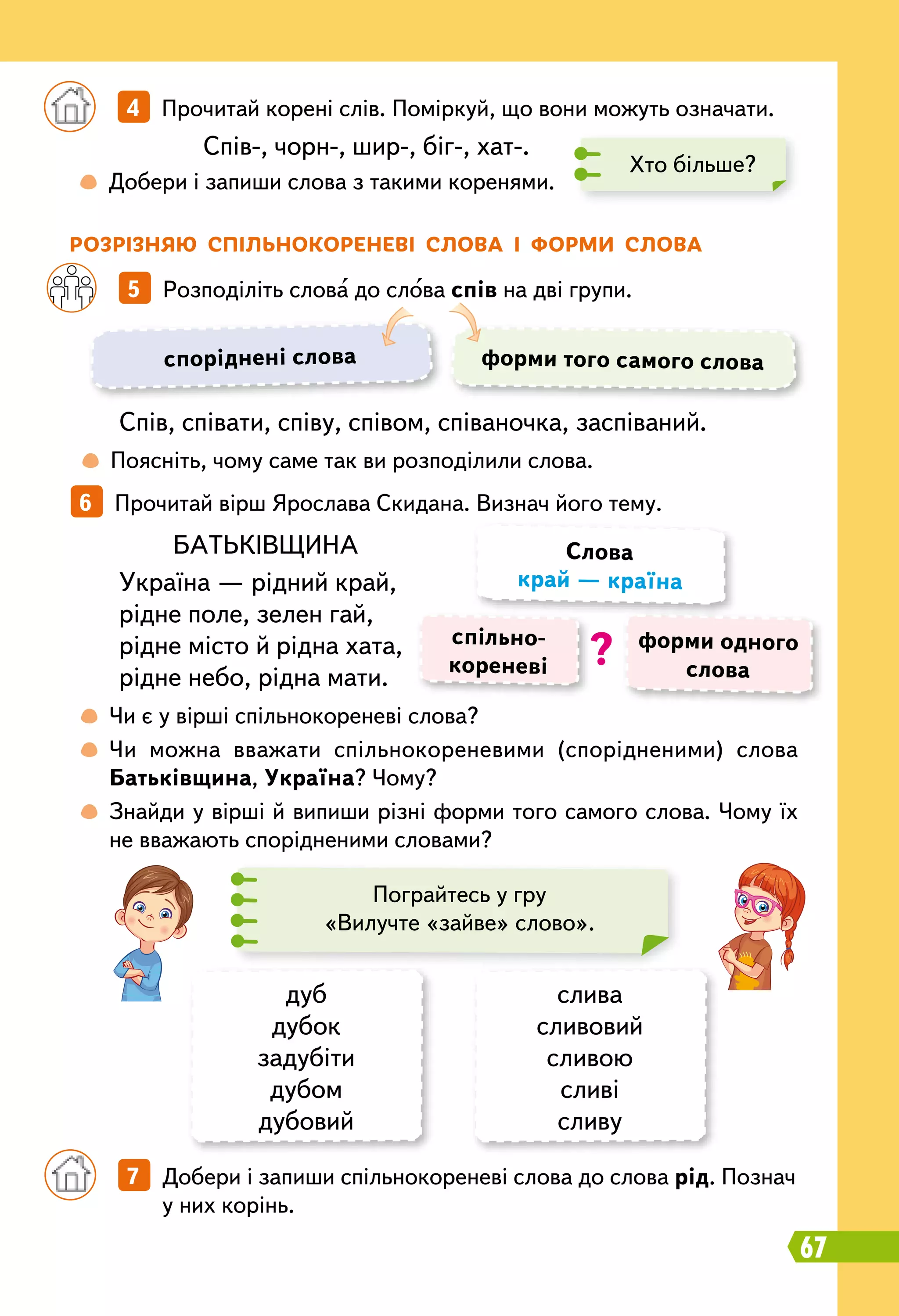 67
Спів-, чорн-, шир-, біг-, хат-.
	
 
Добери і запиши слова з такими коренями.
		
4   Прочитай корені слів. Поміркуй, що вони можуть означати.
Хто більше?
		
5   Розподіліть слова до слова спів на дві групи.
6   Прочитай вірш Ярослава Скидана. Визнач його тему.
р
озрізняю спільнокореневі слова і форми слова
споріднені слова форми того самого слова
Спів, співати, співу, співом, співаночка, заспіваний.
БАТЬКІВЩИНА
Україна — рідний край,
рідне поле, зелен гай,
рідне місто й рідна хата,
рідне небо, рідна мати.
	
 
Поясніть, чому саме так ви розподілили слова.
	
 
Чи є у вірші спільнокореневі слова?
	
 
Чи можна вважати спільнокореневими (спорідненими) слова
Батьківщина, Україна? Чому?
	
 
Знайди у вірші й випиши різні форми того самого слова. Чому їх
не вважають спорідненими словами?
спільно­
кореневі
форми одного
слова
Слова
край — країна
?
Пограйтесь у гру
«Вилучте «зайве» слово».
дуб
дубок
задубіти
дубом
дубовий
слива
сливовий
сливою
сливі
сливу
		
7   Добери і запиши спільнокореневі слова до слова рід. Познач
у них корінь.
 