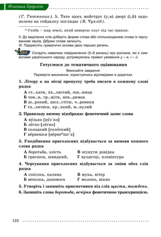122
Фонетика. Орфоепiя
(Г. Тютюнник). 5. Тато щось майструє (у,в) дворі (і,й) задо-
волено на гойдалку поглядає (В. Чухліб).
* Скиба – шар землі, який вивертає плуг під час оранки.
ІІ. До виділених слів доберіть форми слова або спільнокореневі слова із чергу­
ванням звуків. Дібрані слова запишіть.
ІІІ. Підкресліть граматичні основи двох перших речень.
		Складіть невелике повідомлення (5–8 речень) про рослини, які є сим­
волами українського народу, дотримуючись правил уживання у – в, і – й.
Готуємося до тематичного оцінювання
Виконайте завдання.
Перевірте виконання, користуючись відповідями в додатках.
1. Літеру и на місці пропуску треба писати в кожному слові
рядка
А ст..хати, хв..лястий, пш..ниця
Б чов..н, гр..міти, нев..димка
В ш..рокий, шел..стіти, ч..ревики
Г сх..лятися, кр..хкий, м..нулий
2. Правильну вимову відображає фонетичний запис слова
А вузько [вуз΄ко]	
Б легко [легко]
В солодкий [солоткий]
Г вернешся [вернеишс΄а]
3. Уподібнення приголосних відбувається за вимови кожного
слова рядка
А боротьба, злість	 В зсунути довідка
Б граєшся, швидкий,	 Г вуздечці, клавіатура
4. Чергування приголосних відбувається за зміни обох слів
рядка
А сопілка, калина	 В муха, вітер
Б веселка, допомога	 Г молоко, вікно
5. Утворіть і запишіть прикметники від слів щастя, тиждень.
6. Запишіть слова боротьба, вечірня фонетичною транскрипцією.
265
 