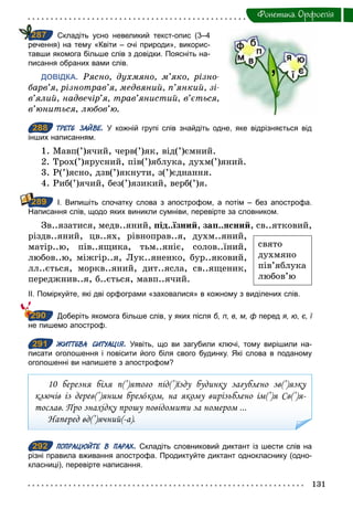 131
Фонетика. Орфоепiя
Складіть усно невеликий текст­опис (3–4
речення) на тему «Квіти – очі природи», викорис­
тавши якомога більше слів з довідки. Поясніть на­
писання обраних вами слів.
ДОВІДКА. Рясно, духмяно, м’яко, різно­
барв’я, різнотрав’я, медвяний, п’янкий, зі­
в’ялий, надвечір’я, трав’янистий, в’ється,
в’юниться, любов’ю.
288 ТРЕТЄ ЗАЙВЕ. У кожній групі слів знайдіть одне, яке відрізняється від
інших написанням.
1. Мавп(’)ячий, черв(’)як, від(’)ємний.
2. Трох(’)ярусний, пів(’)яблука, духм(’)яний.
3. Р(’)ясно, дзв(’)якнути, з(’)єднання.
4. Риб(’)ячий, без(’)язикий, верб(’)я.
І. Випишіть спочатку слова з апострофом, а потім – без апострофа.
Написання слів, щодо яких виникли сумніви, перевірте за словником.
Зв..язатися, медв..яний, під..їзний, зап..ясний, св..ятковий,
різдв..яний, цв..ях, рівноправ..я, духм..яний,
матір..ю, пів..ящика, тьм..яніє, солов..їний,
любов..ю, міжгір..я, Лук..яненко, бур..яковий,
лл..ється, моркв..яний, дит..ясла, св..ященик,
переджнив..я, б..ється, мавп..ячий.
ІІ. Поміркуйте, які дві орфограми «заховалися» в кожному з виділених слів.
Доберіть якомога більше слів, у яких після б, п, в, м, ф перед я, ю, є, ї
не пишемо апостроф.
291 ЖИТТЄВА СИТУАЦІЯ. Уявіть, що ви загубили ключі, тому вирішили на­
писати оголошення і повісити його біля свого будинку. Які слова в поданому
оголошенні ви напишете з апострофом?
10 березня біля п(’)ятого під(’)їзду будинку загублено зв(’)язку
ключів із дерев(’)яним брелîком, на якому вирізьблено ім(’)я Св(’)я-
тослав. Про знахідку прошу повідомити за номером ...
Наперед вд(’)ячний(-а).
292 ПОПРАЦЮЙТЕ В ПАРАХ. Складіть словниковий диктант із шести слів на
різні правила вживання апострофа. Продиктуйте диктант однокласнику (одно­
класниці), перевірте написання.
287
’
288
289
свято
духмяно
пів’яблука
любов’ю
290
291
292
 
