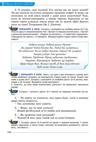 210
Розвиток зв’язного мовлення
2. О полини, сиві полини! Хто посіяв вас на землі нашій?
Чи вас посіяли по степах неораних прадавні скіфи? А може, ви
посіялись по всій землі нашій у давні роки козаччини? Тоді,
коли не житом-пшеницею, а сивою тирсою, буркуном та ще
сивим горем хлюпала земля наша аж за далекі обрії Дикого
поля до самої Татарщини (За І. Цюпою).
		ПОПРАЦЮЙТЕ В ПАРАХ. Складіть і розіграйте за особами діалог (5–7 ре­
плік) на одну із запропонованих тем: «Зустріч із першою вчителькою», «Зустріч
з колишнім однокласником», «Подяка за допомогу», «У майстерні художника»,
«Прощання на пероні», «У магазині». Використовуйте подані нижче слова ввіч­
ливості.
Доброго ранку! Добрий ранок! Привіт!
Як справи? Радий бачити Вас. Радий був зустрітися.
До побачення! На все добре! Бувайте здорові! До зустрічі!
Бажаю успіхів! Хай щастить!
Вибачте. Пробачте. Прошу вибачити (пробачити).
Даруйте. Перепрошую. Вибачте, що турбую.
Щиро дякую Вам. Велике спасибі. Я Вам дуже вдячний.
Будь ласка. Нема за що.
		І. ПОПРАЦЮЙТЕ В ПАРАХ. Уявіть, що один з вас опинився в чужому місті
і йому необхідно з’ясувати, де знаходиться стадіон (цирк чи театр). Інший з вас
живе в цьому місті. Складіть і розіграйте за особами діалог (5–6 реплік), мож­
ливий у цій ситуації. Вживайте слова ввічливості.
ІІ. Поясніть, до яких видів мовленнєвої діяльності ви вдавалися, виконуючи
вправу.
		Складіть і запишіть діалог (5–7 реплік) за поданим початком (на ви­
бір).
1. – Ти навіть не уявляєш, яка краса буде, коли в нашому
дворі квіти зацвітуть.
– Так допоможи мені уявити.
2. – Мамо, що ти мені купила?
– Новий футбольний м’яч (набір для вишивання).
3. – Як пройшов твій вихідний?
– Чудово! Я весь день сидів(-ла) за комп’ютером.
		І. Складіть діалог (5–6 реплік) за одним з поданих малюнків. У діалог
уведіть звертання, а також слова і вислови, які виявляють вихованість, ввічли­
вість, тактовність.
480
481
482
483
 