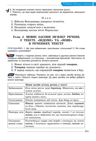 215
Розвиток зв’язного мовлення
6. За складеним планом стисло перекажіть прочитане (усно).
7. Поясніть, до яких видів мовленнєвої діяльності ви вдавалися, виконуючи
вправу.
П л а н
1. Військо Володимира навпроти печенігів.
2. Розповідь старого воїна.
3. Поєдинок кожум’яки з велетнем.
4. Володимир заклав місто Переяслав.
Òема 4. МОВНІ ЗАСОБИ ЗВ’ЯЗКУ РЕЧЕНЬ
У ТЕКСТІ. «ВІДОМЕ» ТА «НОВЕ»
В РЕЧЕННЯХ ТЕКСТУ
ПРИГАДАЙМО. 1. Що таке займенники, прислівники, сполучники? 2. Які слова
називають синонімами?
Утворіть з поданих речень текст, замінивши в другому реченні іменник
товариш займенником, а в третьому – синонімічним іменником. Простежте, як
займенник та синоніми допомогли зв’язати речення.
1. Немає нічого в світі кращого, ніж вірний товариш.
2. Товариш завжди прийде на допомогу.
3. У народі кажуть, що справжній товариш пізнається в біді.
487 Розгляньте таблицю. Розкажіть за нею, які є мовні засоби зв’язку ре­
чень у тексті. Поясніть подані приклади. До двох засобів (на вибір) доберіть
власні приклади.
Мовні засоби зв’язку речень у тексті
Займенники Біля хати росли кущі барвінку. Здавалося, що він і
зимою зеленіє.
Прислівники Хлопці підійшли до великої купи листя. Звідти по­
чувся якийсь писк.
Сполучники Посіви потерпали від спеки. Àле дощу не було.
Синоніми Птахи мають неабиякий апетит. Деякі пернаті
за день з’їдають кількість поживи, яка перевищує
їхню вагу.
Повтори слів Варто знати традиції народу, звичаї. І не тільки
знати, але й зберігати те, що започаткувало стар­
ше покоління.
Спільноко-
реневі слова
Розстебнули хмари свої торби і сипонули на землю
снігом. І полетіли, кружляючи в повітрі, снігові ме­
телики.
486
487
 