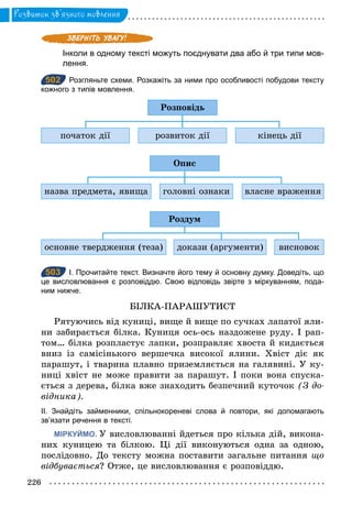 226
Розвиток зв’язного мовлення
Інколи в одному тексті можуть поєднувати два або й три типи мов­
лення.
502 Розгляньте схеми. Розкажіть за ними про особливості побудови тексту
кожного з типів мовлення.
початок дії кінець діїрозвиток дії
Розповідь
назва предмета, явища власне враженняголовні ознаки
Опис
основне твердження (теза) висновокдокази (аргументи)
Роздум
503 І. Прочитайте текст. Визначте його тему й основну думку. Доведіть, що
це висловлювання є розповіддю. Свою відповідь звірте з міркуванням, пода­
ним нижче.
БІЛКА-ПАРАШУТИСТ
Рятуючись від куниці, вище й вище по сучках лапатої яли-
ни забирається білка. Куниця ось-ось наздожене руду. І рап-
том… білка розпластує лапки, розправляє хвоста й кидається
вниз із самісінького вершечка високої ялини. Хвіст діє як
парашут, і тварина плавно приземляється на галявині. У ку-
ниці хвіст не може правити за парашут. І поки вона спуска-
ється з дерева, білка вже знаходить безпечний куточок (З до­
відника).
ІІ. Знайдіть займенники, спільнокореневі слова й повтори, які допомагають
зв’язати речення в тексті.
МІРКУЙМО. У висловлюванні йдеться про кілька дій, викона-
них куницею та білкою. Ці дії виконуються одна за одною,
послідовно. До тексту можна поставити загальне питання щî
відбувається? Отже, це висловлювання є розповіддю.
502
503
 