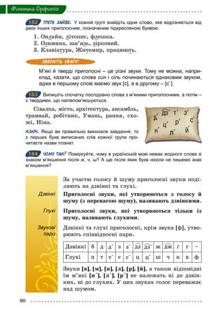 90
Фонетика. Орфоепiя
182 ТРЕТЄ ЗАЙВЕ. У кожній групі знайдіть одне слово, яке відрізняється від
двох інших приголосним, позначеним підкресленою буквою.
1. Онлайн, літопис, флешка.
2. Озимина, зав’язь, зірковий.
3. Клавіатура, Житомир, працюють.
М’які й тверді приголосні – це різні звуки. Тому не можна, напри­
клад, казати, що слова син і сіль починаються однаковим звуком,
адже в першому слові маємо звук [с], а в другому – [с΄].
183 Випишіть спочатку послідовно слова з м’якими приголосними, а потім –
з твердими, що напівпом’якшуються.
Сівалка, місто, архітектура, ансамбль,
трамвай, робітник, Умань, рання, схо-
жі, Ніна.
КЛЮЧ. Якщо ви правильно виконали завдання, то
з перших букв виписаних слів кожної групи про­
читаєте назви планет.
184 ЧОМУ ТАК? Поміркуйте, чому в українській мові немає жодного слова зі
знаком м’якшення після ж, ч, ш? А ще після яких букв ніколи не пишемо знак
м’якшення?
За участю голосу й шуму приголосні звуки поді-
ляють на дзвінкі та глухі.
Дзвінкі Приголосні звуки, які утворюються з голосу й
шуму (з перевагою шуму), називають дзвінкими.
Глухі Приголосні звуки, які утворюються тільки із
шуму, називають глухими.
Звукові
пари
Дзвінкі та глухі приголосні, крім звука [ф], утво-
рюють співвідносні пари.
Дзвінкі б д д΄ з з΄ дз дз΄ ж дж ґ г –
Глухі п т т΄ с с΄ ц ц΄ ш ч к х ô
Звуки [в], [м], [н], [л], [р], [й], а також відповідні
їм м’які [н΄], [л΄], [р΄] не належать ні до дзвін-
ких, ні до глухих. У цих звуках голос переважає
над шумом.
182
183
184
Дзвінкі
Глухі
Звукові
пари
 