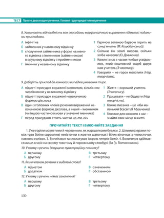 130
ТЕСТ Просте двоскладне речення. Головні і другорядні члени речення
8. Установіть відповідність між способами морфологічного вираження підмета і подани-
ми прикладами.
А інфінітив
Б займенник у називному відмінку
В сполучення займенника у формі називно-
го відмінка з іменником (займенником)
в орудному відмінку з прийменником
Г іменник у називному відмінку
1 Гарячою зеленою барвою горить на
сонці ячмінь (М. Коцюбинський).
2 Скільки він землі виорав, скільки
хліба накосив! (О. Довженко).
3 Кожен із нас з часом глибше усвідом-
лює, який коштовний скарб дарує
нам учитель (З часопису).
4 Говорити – не горох молотити (Нар.
творчість).
9. Доберіть приклад до кожного з випадків уживання тире.
А підмет і присудок виражені іменником, кількісним
числівником у називному відмінку
Б підмет і присудок виражені неозначеною
формою дієслова
В один з головних членів речення виражений не-
означеною формою дієслова, а інший – іменником
(чи іншою частиною мови у значенні іменника)
Г перед присудком стоять частки це, то, ось
1 Життя – хороший учитель
(З часопису).
2 Працювати – не бідувати (Нар.
творчість).
3 Кожна писанка – це ніби ма-
ленький Всесвіт (Я. Музиченко).
4 Головне для кожного з нас –
знайти своє місце в житті.
ПРОЧИТАЙТЕ ТЕКСТ І ВИКОНАЙТЕ ЗАВДАННЯ
1. Уже горіли мохнатими й червоними, як жар шапками будяки. 2. Цілими озерами по-
між трав біліли соромливі невісточки в жовтих шапочках і білих віночках з пелюсточок
навколо голівок. 3. Виплітався та спалахував іскрою петрів батіг. 4. Болиголов здіймав-
ся вище за всіх на своєму товстому й порожньому стовбурі (За Гр. Тютюнником).
10. У якому з речень допущено пунктуаційну помилку?
А першому
Б другому
В третьому
Г четвертому
11. Яким членом речення є виділені слова?
А підметом
Б додатком
В означенням
Г обставиною
12. У якому з речень немає означення?
А першому
Б другому
В третьому
Г четвертому
 