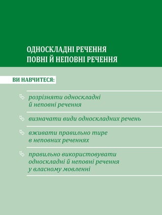 ВИ НАВЧИТЕСЯ:
розрізняти односкладні
й неповні речення
визначати види односкладних речень
вживати правильно тире
в неповних реченнях
правильно використовувати
односкладні й неповні речення
у власному мовленні
ОДНОСКЛАДНІ РЕЧЕННЯ
ПОВНІ Й НЕПОВНІ РЕЧЕННЯ
 