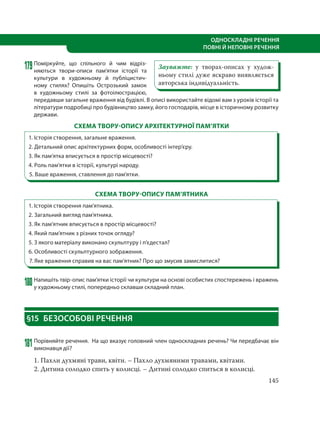 145
ОДНОСКЛАДНІ РЕЧЕННЯ
ПОВНІ Й НЕПОВНІ РЕЧЕННЯ
179Поміркуйте, що спільного й чим відріз-
няються твори-описи пам’ятки історії та
культури в художньому й публіцистич-
ному стилях? Опишіть Острозький замок
в художньому стилі за фотоілюстрацією,
передавши загальне враження від будівлі. В описі використайте відомі вам з уроків історії та
літератури подробиці про будівництво замку, його господарів, місце в історичному розвитку
держави.
СХЕМА ТВОРУ-ОПИСУ АРХІТЕКТУРНОЇ ПАМ’ЯТКИ
1. Історія створення, загальне враження.
2. Детальний опис архітектурних форм, особливості інтер’єру.
3. Як пам’ятка вписується в простір місцевості?
4. Роль пам’ятки в історії, культурі народу.
5. Ваше враження, ставлення до пам’ятки.
СХЕМА ТВОРУ-ОПИСУ ПАМ’ЯТНИКА
1. Історія створення пам’ятника.
2. Загальний вигляд пам’ятника.
3. Як пам’ятник вписується в простір місцевості?
4. Який пам’ятник з різних точок огляду?
5. З якого матеріалу виконано скульптуру і п’єдестал?
6. Особливості скульптурного зображення.
7. Яке враження справив на вас пам’ятник? Про що змусив замислитися?
180Напишіть твір-опис пам’ятки історії чи культури на основі особистих спостережень і вражень
у художньому стилі, попередньо склавши складний план.
§15 БЕЗОСОБОВІ РЕЧЕННЯ
181Порівняйте речення. На що вказує головний член односкладних речень? Чи передбачає він
виконавця дії?
1. Пахли духмяні трави, квіти. – Пахло духмяними травами, квітами.
2. Дитина солодко спить у колисці. – Дитині солодко спиться в колисці.
Зауважте: у творах-описах у худож-
ньому стилі дуже яскраво виявляється
авторська індивідуальність.
 