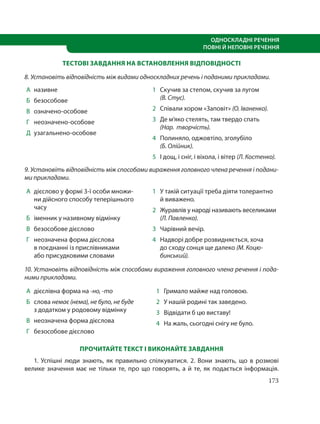 173
ОДНОСКЛАДНІ РЕЧЕННЯ
ПОВНІ Й НЕПОВНІ РЕЧЕННЯ
ТЕСТОВІ ЗАВДАННЯ НА ВСТАНОВЛЕННЯ ВІДПОВІДНОСТІ
8. Установіть відповідність між видами односкладних речень і поданими прикладами.
А називне
Б безособове
В означено-особове
Г неозначено-особове
Д узагальнено-особове
1 Скучив за степом, скучив за лугом
(В. Стус).
2 Співали хором «Заповіт» (О. Іваненко).
3 Де м’яко стелять, там твердо спать
(Нар.  творчість).
4 Полиняло, оджовтіло, зголубіло
(Б. Олійник).
5 І дощ, і сніг, і віхола, і вітер (Л. Костенко).
9. Установіть відповідність між способами вираження головного члена речення і подани-
ми прикладами.
А дієслово у формі 3-ї особи множи-
ни дійсного способу теперішнього
часу
Б іменник у називному відмінку
В безособове дієслово
Г неозначена форма дієслова
в поєднанні із прислівниками
або присудковими словами
1 У такій ситуації треба діяти толерантно
й виважено.
2 Журавлів у народі називають веселиками
(Л. Павленко).
3 Чарівний вечір.
4 Надворі добре розвидняється, хоча
до сходу сонця ще далеко (М. Коцю-
бинський).
10. Установіть відповідність між способами вираження головного члена речення і пода-
ними прикладами.
А дієслівна форма на -но, -то
Б слова немає (нема), не було, не буде
з додатком у родовому відмінку
В неозначена форма дієслова
Г безособове дієслово
1 Гримало майже над головою.
2 У нашій родині так заведено.
3 Відвідати б цю виставу!
4 На жаль, сьогодні снігу не було.
ПРОЧИТАЙТЕ ТЕКСТ І ВИКОНАЙТЕ ЗАВДАННЯ
1. Успішні люди знають, як правильно спілкуватися. 2. Вони знають, що в розмові
велике значення має не тільки те, про що говорять, а й те, як подається інформація.
 