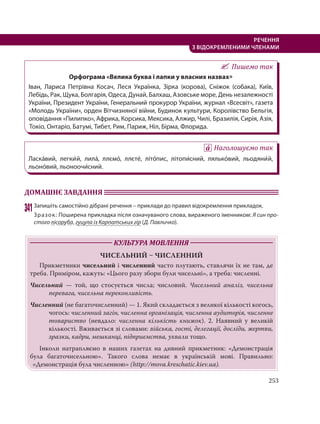253
РЕЧЕННЯ
З ВІДОКРЕМЛЕНИМИ ЧЛЕНАМИ
Пишемо так
Орфограма «Велика буква і лапки у власних назвах»
Іван, Лариса Петрівна Косач, Леся Українка, Зірка (корова), Сніжок (собака), Київ,
Лебідь, Рак, Щука, Болгарія, Одеса, Дунай, Балхаш, Азовське море, День незалежності
України, Президент України, Генеральний прокурор України, журнал «Всесвіт», газета
«Молодь України», орден Вітчизняної війни, Будинок культури, Королівство Бельгія,
оповідання «Пилипко», Африка, Корсика, Мексика, Алжир, Чилі, Бразилія, Сирія, Азія,
Токіо, Онтаріо, Батумі, Тибет, Рим, Париж, Ніл, Бірма, Флорида.
Наголошуємо так
Ласка´вий, легки´й, лила´, ллємо´, ллєте´, літо´пис, літопи´сний, лялько´вий, льодяни´й,
льоно´вий, льоноочи´сний.
ДОМАШНЄ ЗАВДАННЯ
341Запишіть самостійно дібрані речення – приклади до правил відокремлення прикладок.
Зразок: Поширена прикладка після означуваного слова, вираженого іменником: Я син про-
стого лісоруба, гуцула із Карпатських гір (Д. Павличко).
КУЛЬТУРА МОВЛЕННЯ
ЧИСЕЛЬНИЙ  ЧИСЛЕННИЙ
Прикметники чисельний і численний часто плутають, ставлячи їх не там, де
треба. Приміром, кажуть: «Цього разу збори були чисельні», а треба: численні.
Чисельний — той, що стосується числа; числовий. Чисельний аналіз, чисельна
перевага, чисельна переконливість.
Численний (не багаточисленний) — 1. Який складається з великої кількості когось,
чогось: численний загін, численна організація, численна аудиторія, численне
товариство (невдало: численна кількість книжок). 2. Наявний у великій
кількості. Вживається зі словами: війська, гості, делегації, досліди, жертви,
зразки, кадри, мешканці, підприємства, ухвали тощо.
Інколи натрапляємо в наших газетах на дивний прикметник: «Демонстрація
була багаточисельною». Такого слова немає в українській мові. Правильно:
«Демонстрація була численною» (http://mova.kreschatic.kiev.ua).
 